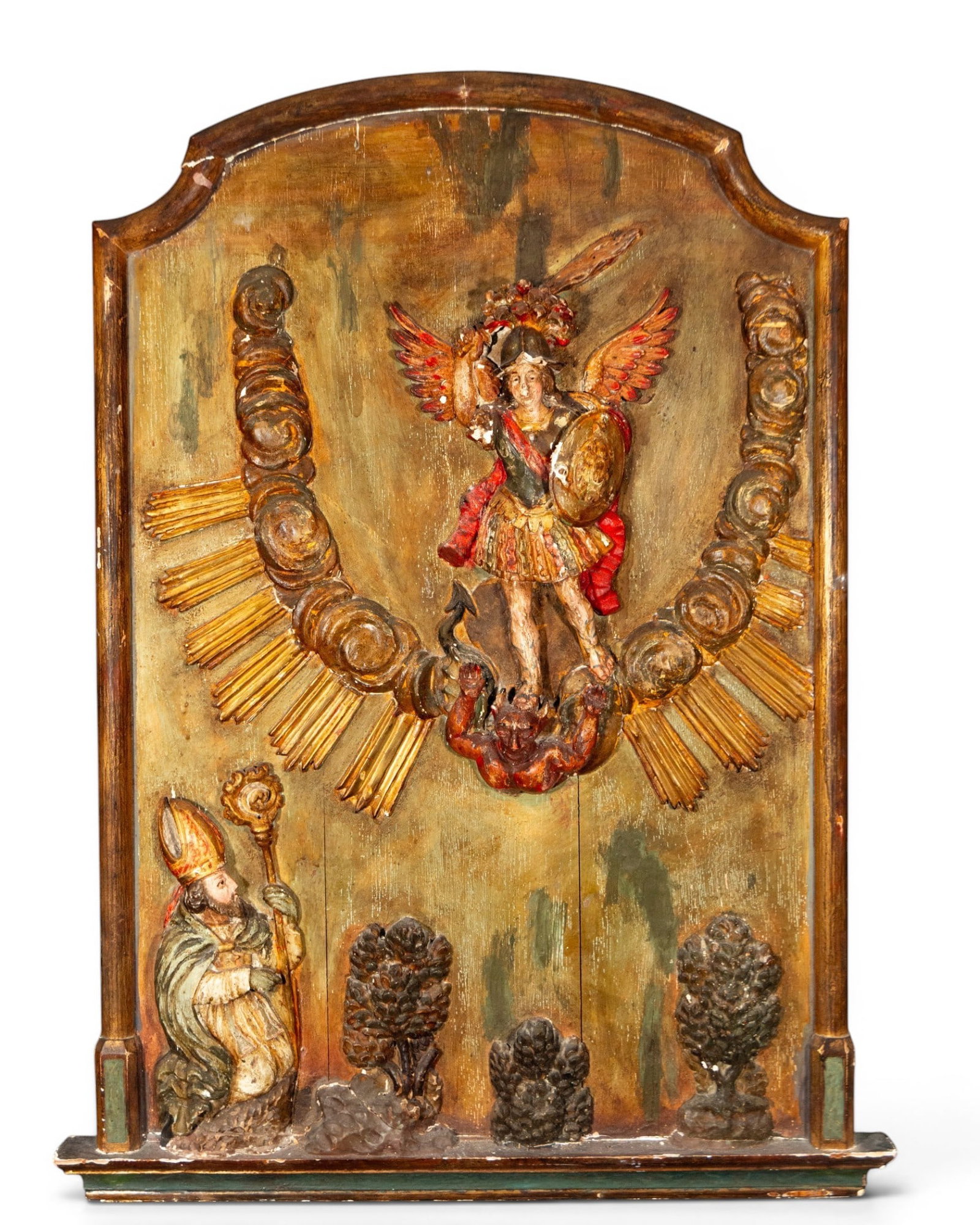 Colonial relief of Saint Michael the Archangel and a saintly bishop. Hispanic School. 18th century: Carved, polychrome and gilded wood. Measures 121 x 90 cm.