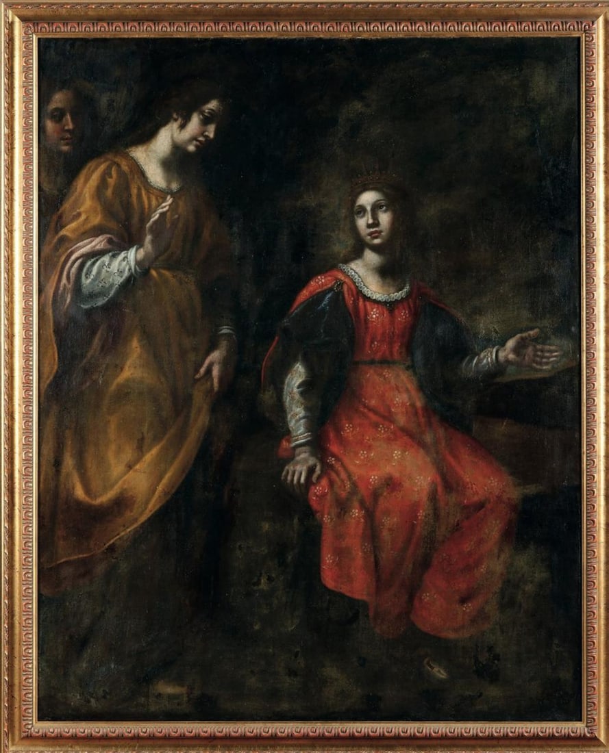 Moses Rescued from the Waters, attributed to Francesco Curradi, Florentine School, 17th Century: Oil on canvas. Measurements: 172 x 136 cm unframed. Monumental fragment from a composition devoted to the biblical episode of Moses rescued from the waters, focusing on Pharaoh’s daughter and her at