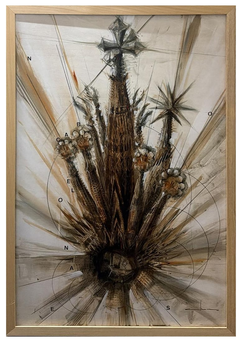 (ABRAHAM PINTO, 1976) SAGRADA FAMILIA: Oil on panel. Measurements 120 x 80 cm. A highly vertical and symbolic composition inspired by the Holy Family, conceived through an abstracted architectural language in which elongated structures ris
