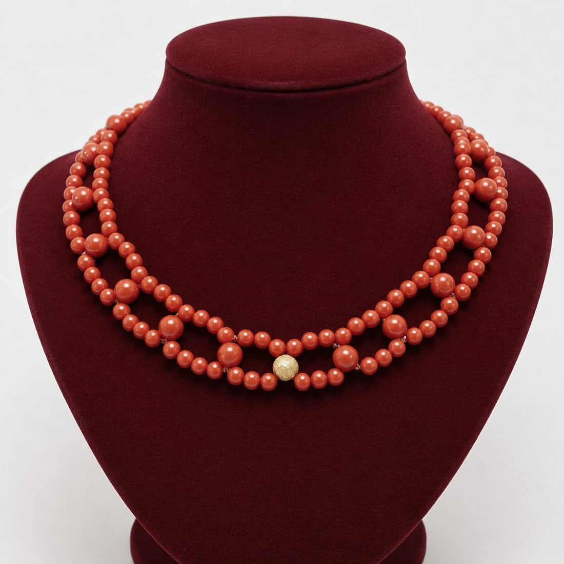 Vintage choker made of natural red coral from Torre del Greco: Vintage choker-style necklace crafted with spherical natural red coral beads from Torre del Greco. The beads are approximately 7 mm in diameter in the center and 5 mm in the two outer bands. Handcraft