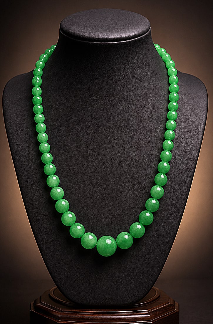 Vintage necklace of 63 spherical beads of natural emerald green jade (1 of 5)