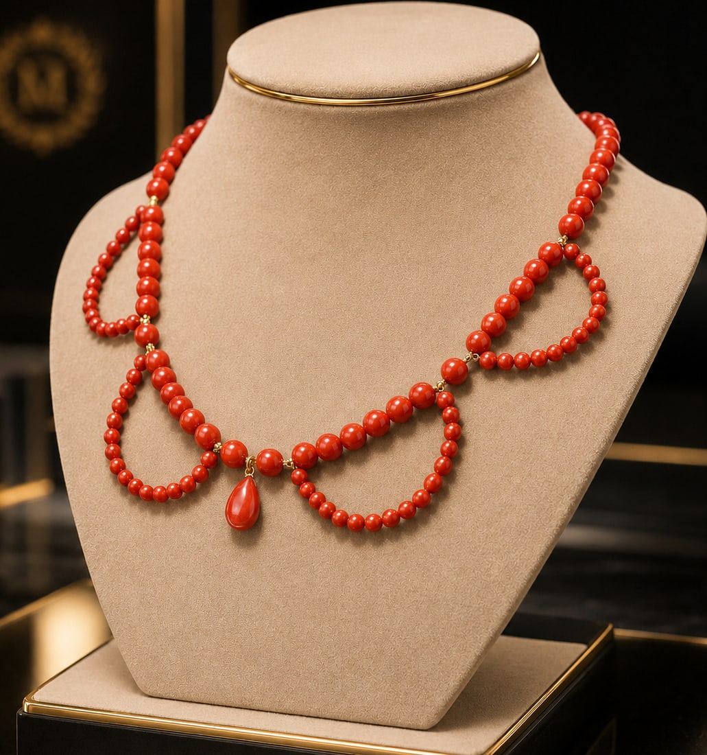 Vintage necklace of red coral from Sardinia and 925 sterling silver gold plated: Vintage necklace composed of spherical beads of Italian red coral from Sardinia, approximately 7 mm in diameter, with a 15 mm teardrop-shaped central pendant. Metal elements in 925 sterling silver wit