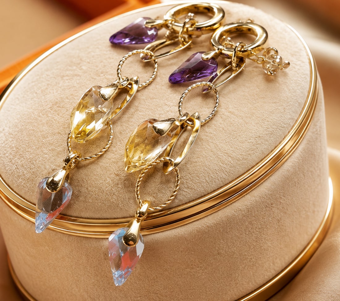 Long 18-karat gold earrings with aquamarines, citrines and amethysts – Marco Bicego, 1990s: Pair of long, articulated earrings in 18-karat gold, combining polished gold and hand-engraved gold elements. Decorated with natural aquamarine, citrine, and amethyst pendants. A 1990s design from the