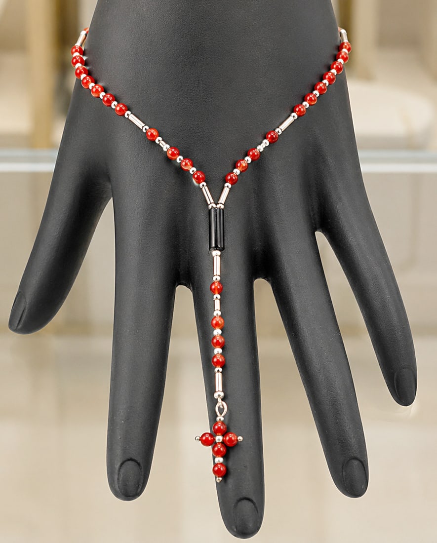 Italian rosary made of natural red and black coral with 925 sterling silver: Catholic rosary handcrafted in Italy, composed of 59 spherical beads of natural red coral (3.8 mm), combined with a tubular element of black coral (15 mm) and findings and beads in 925 sterling silver