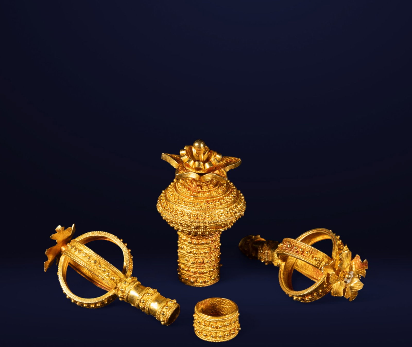 Exceptional lot of 22k fine gold Torah pointer handle and pair of Judaica Torah Scroll finials, (1 of 1)