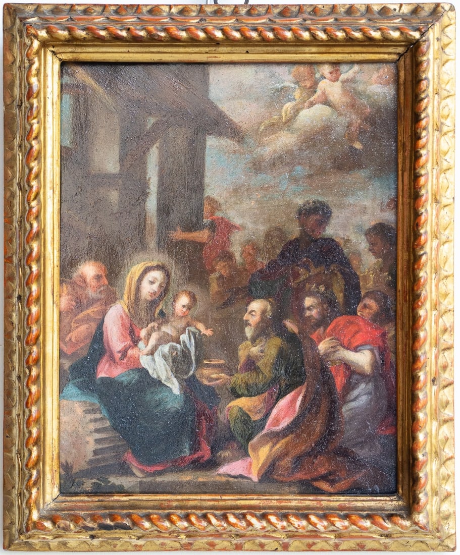 Italian School, 17th Century - Holy Family: Oil on copper. Dimensions: 27 × 32 cm; image: 21 × 28 cm. A refined devotional composition dedicated to the Holy Family, featuring the Virgin Mary, Saint Joseph, and the Christ Child, accompanied by