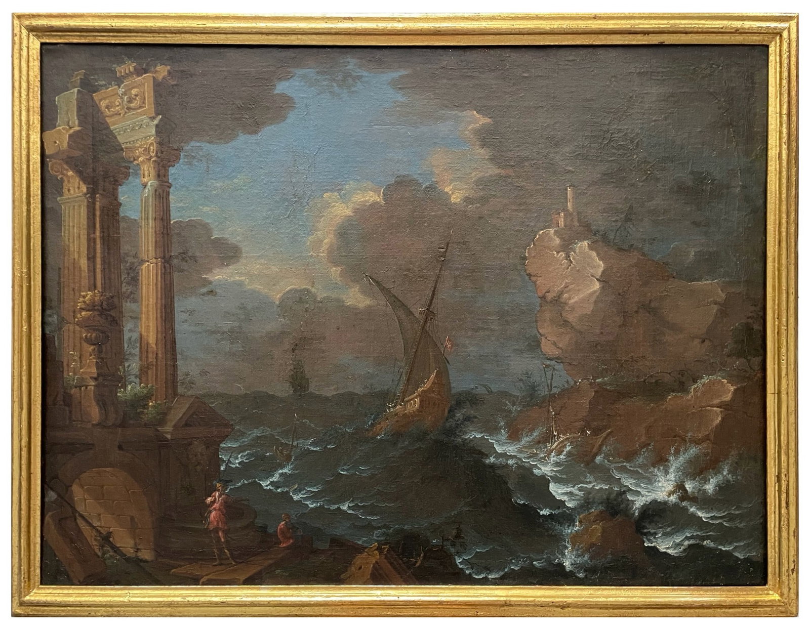 Italian or French school, 17th century - Seascape with storm and ruins: Oil on canvas. Dimensions: 73 × 96.5 cm; framed: 84 × 104 cm. A classically inspired landscape depicting a ship beached among rock formations, while several figures enliven the foreground. The compo