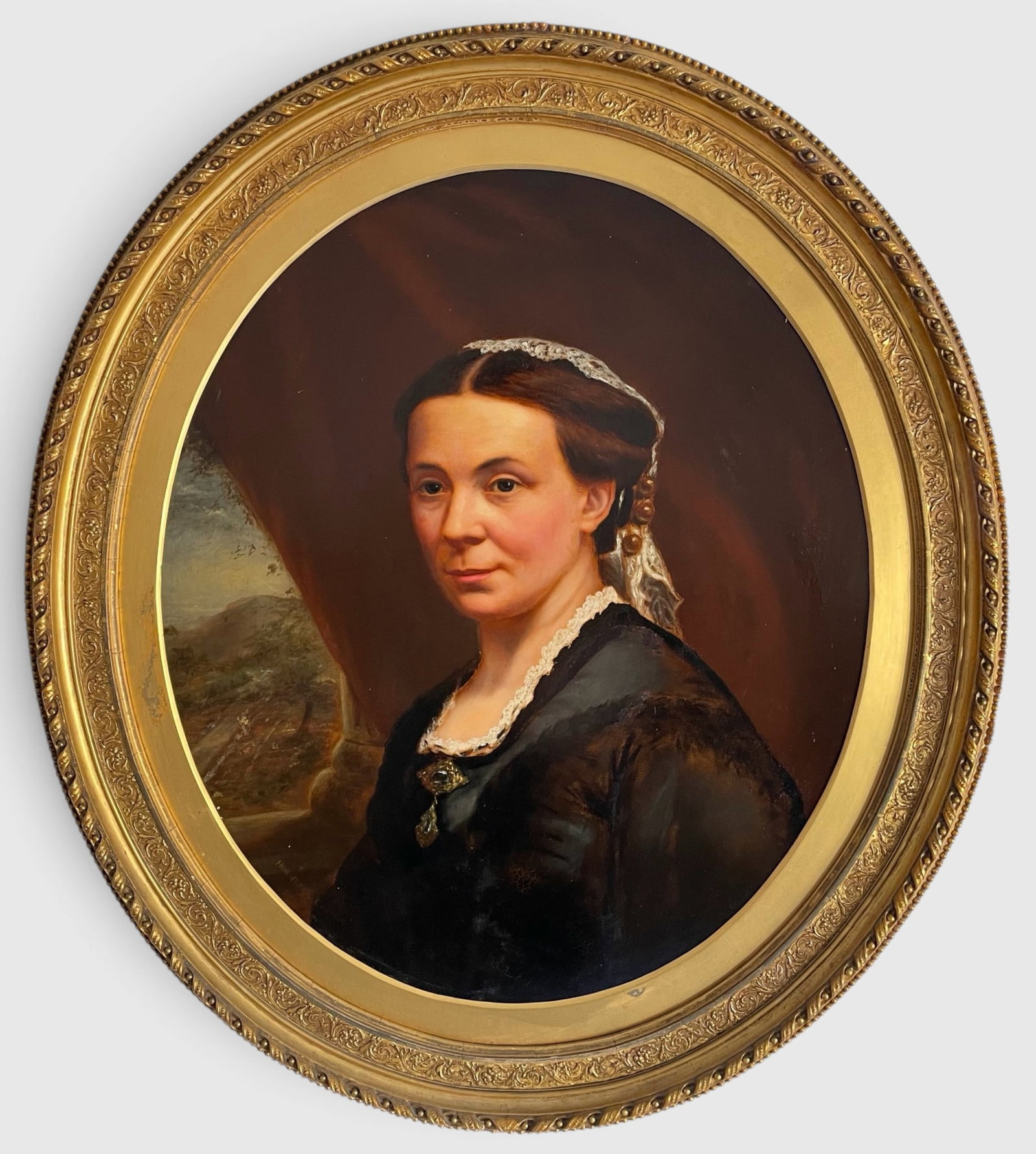 John Alfred Horsburgh (1835–1924) – Portrait of a Lady (1867): Oil on canvas. Measurement: 63.5 × 74.5 cm; with frame: 77 × 87.5 cm. A bust-length portrait of a woman elegantly dressed in dark clothing and a lace headdress, set against a backdrop of drapery ope