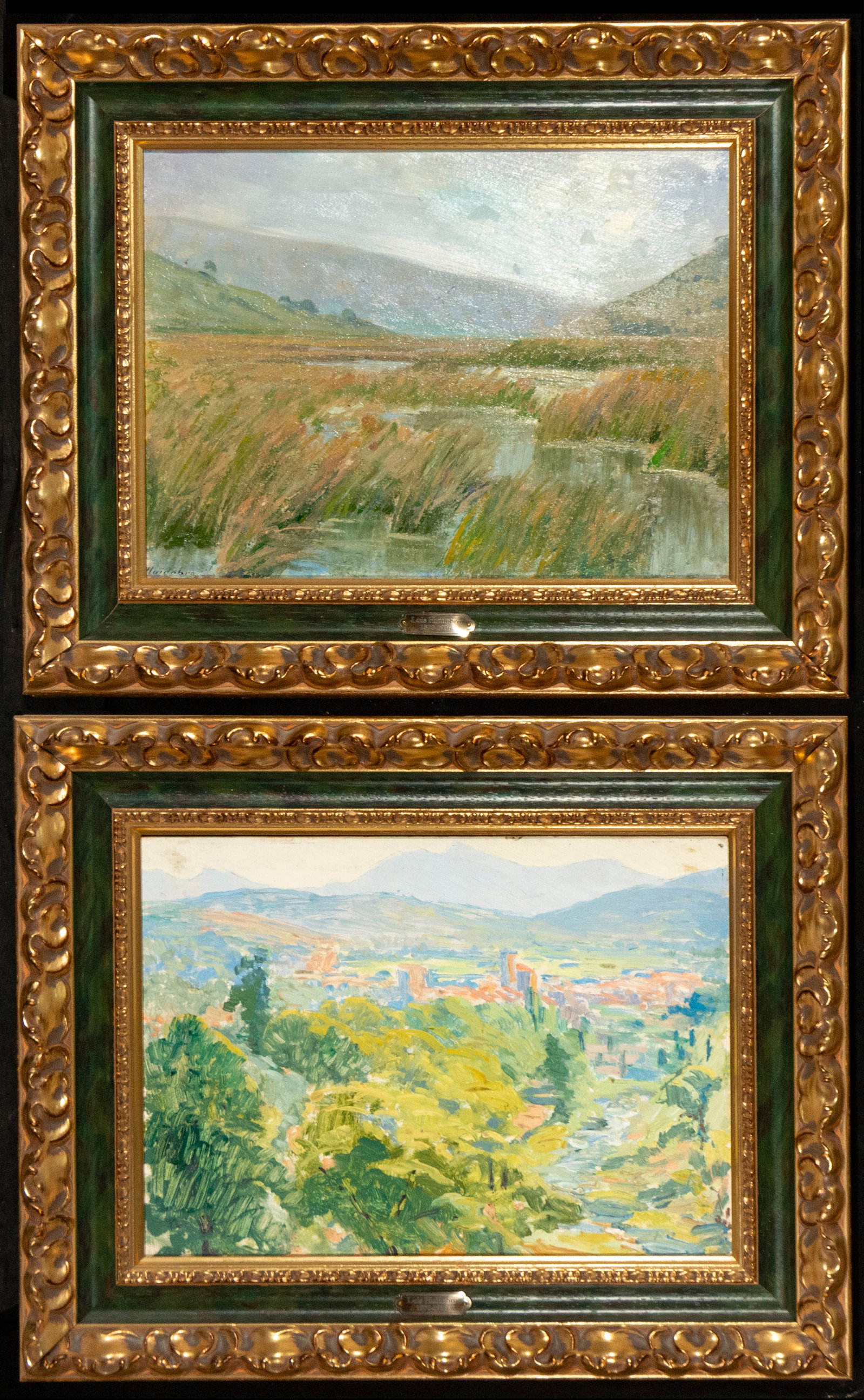 Pair of landscapes: Avila and San Vicente de la Barquera, Luis Huidobro – 20th Century Spanish: Pair of oil paintings on panel. Dimensions of each work: 28 × 38 cm; framed: 42 × 52 cm. Both signed “Luis Huidobro”. One of the panels depicts a panoramic view of ?vila, with the town and i