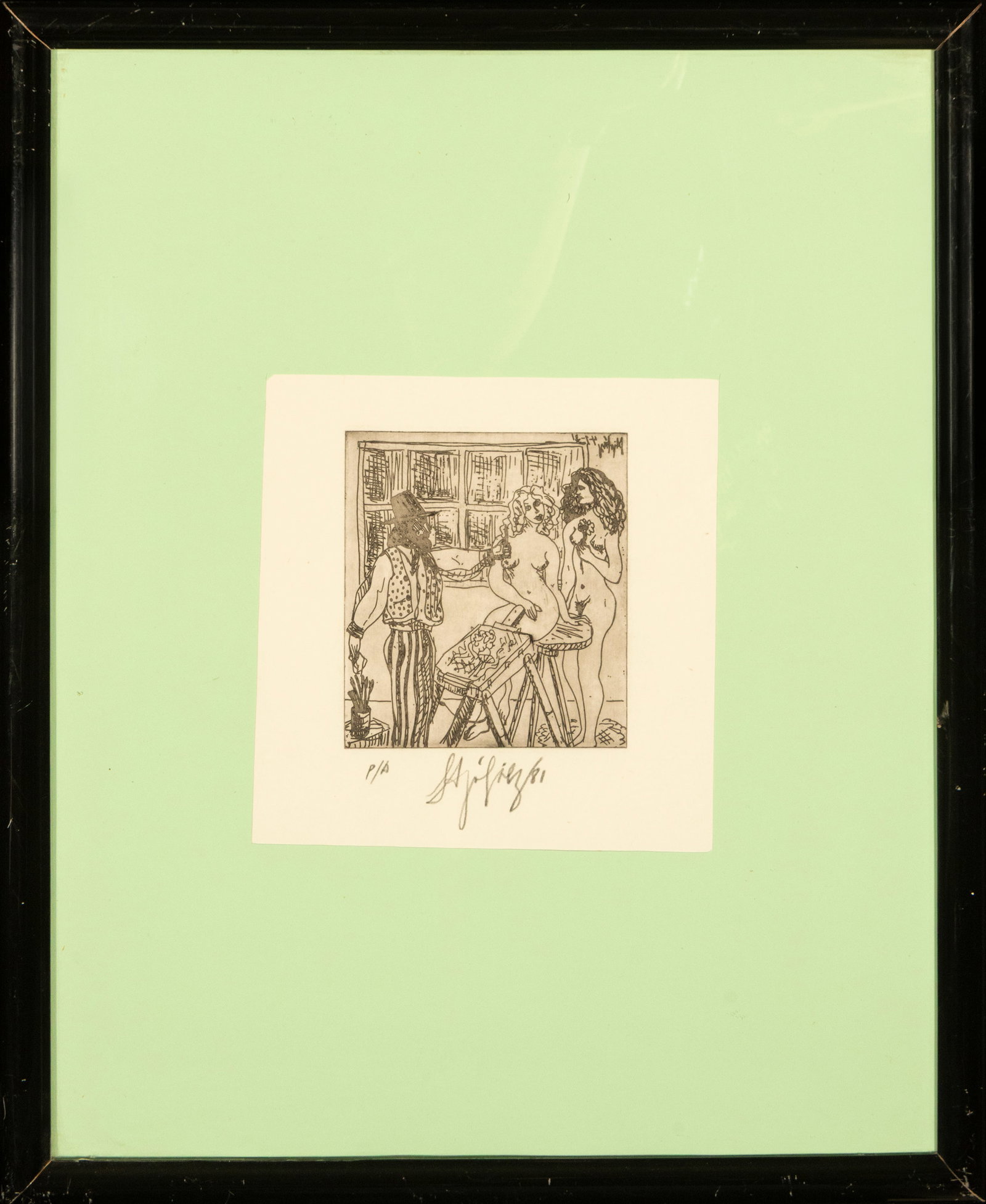 Painter with nude models, Lorenzo Ajo, painter from Alicante: Etching on paper. Dimensions according to the catalog number: 14 × 13 cm; with frame: 53 × 43 cm. Signed in pencil in the lower right margin and marked “P/A” in the lower left, corresponding