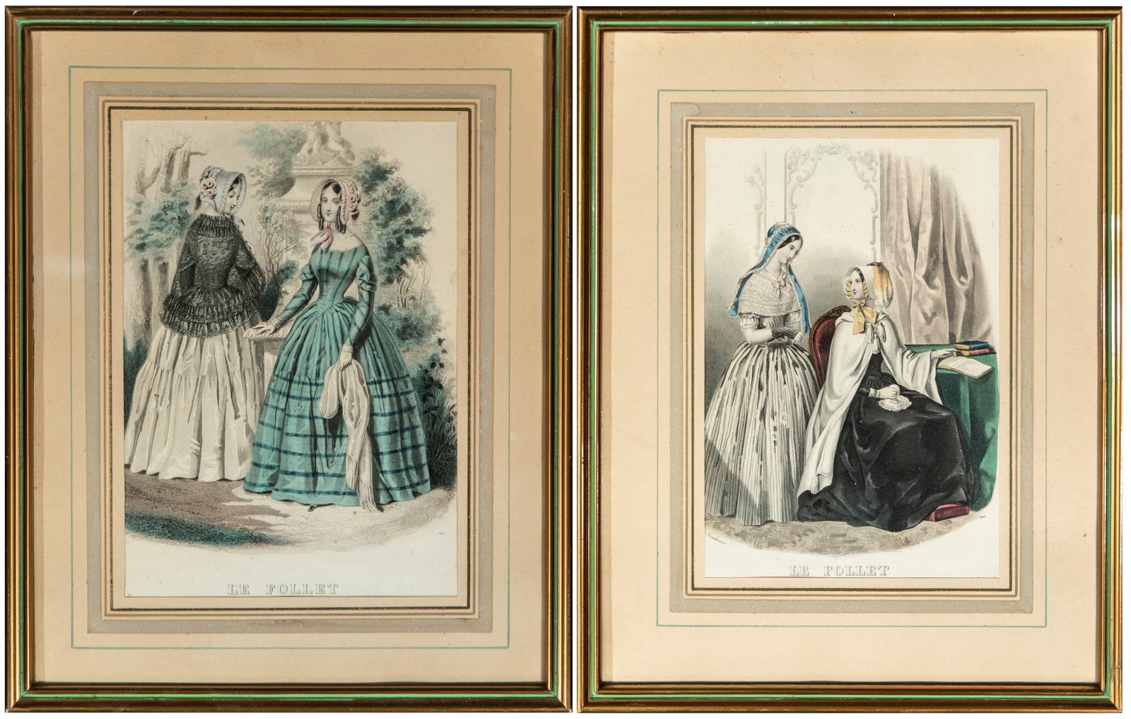 Pair of fashion prints “Le Follet?? – France – 19th century: Pair of hand-colored fashion prints on paper, published under the title “LE FOLLET”. Dimensions of each print: 21 × 14 cm; framed: 32 × 26 cm. The compositions depict female figures dressed 