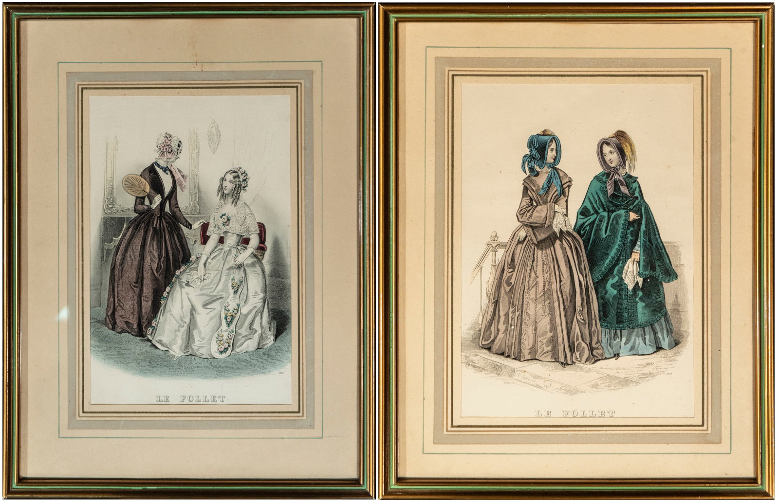 Pair of fashion prints “Le Follet?? – France – 19th century: Pair of hand-colored fashion prints on paper from “LE FOLLET”. Each print measures 20 × 14 cm; framed: 32 × 26 cm. They depict female couples in various outfits consisting of dresses, capes,
