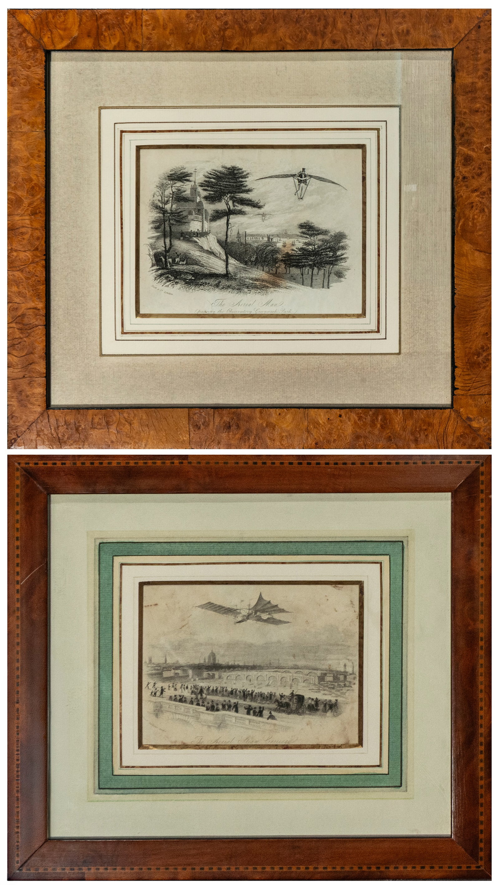Pair of balloon prints: “The Aerial Ship?? and “The Aerial Steam Carriage?? – 19th century: Pair of prints on paper dedicated to pioneering aerial navigation projects. Dimensions of each print: 17 × 21 cm; framed: 31 × 36 cm. One is titled “The Aerial Steam Carriage” and depicts th
