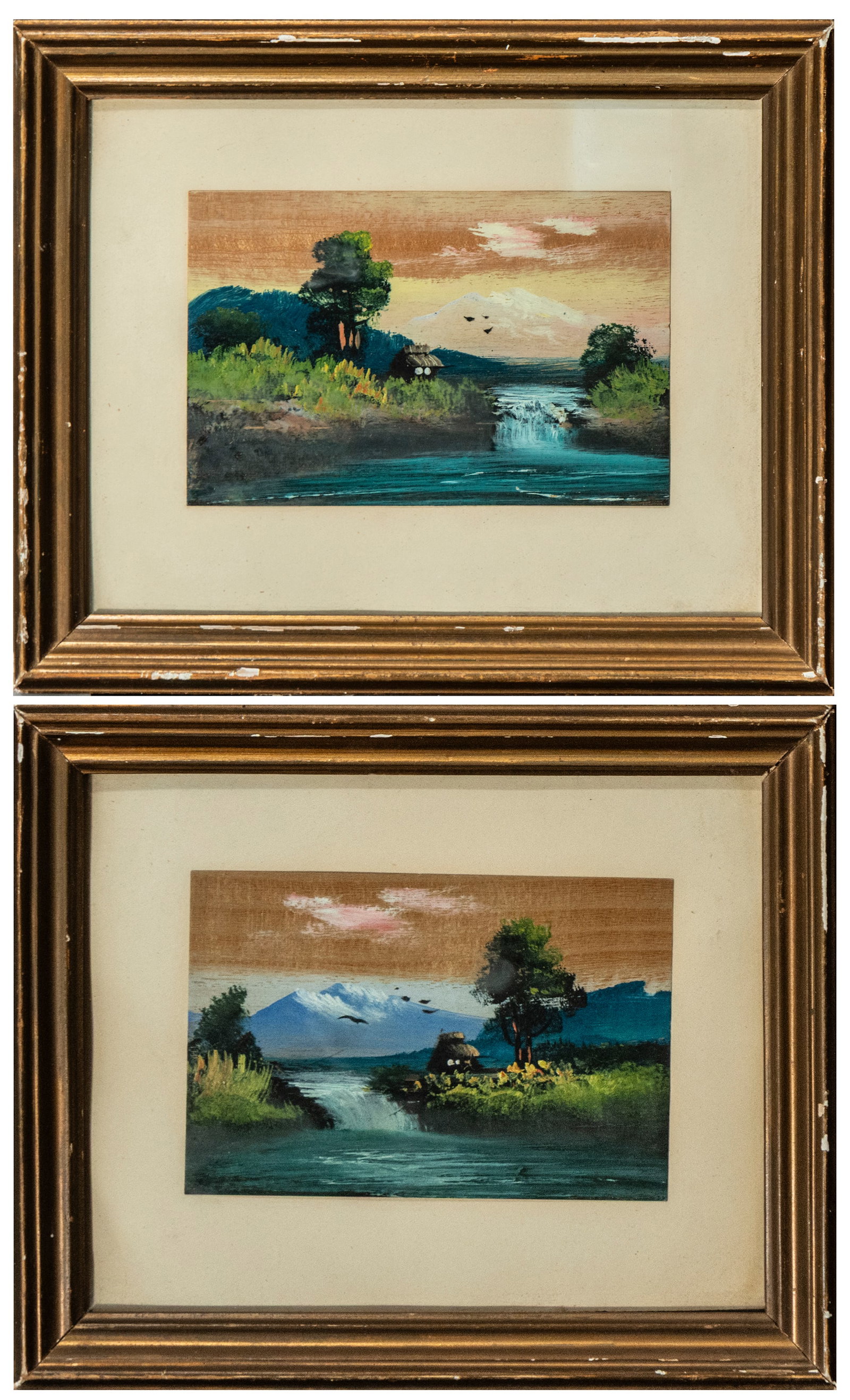 Pair of mountain landscapes with river – 20th century: A pair of small landscape compositions on paper, executed in watercolor, probably gouache. Each work measures 9 × 13 cm; framed: 19 × 24 cm. Both depict a river landscape with snow-capped mountains 