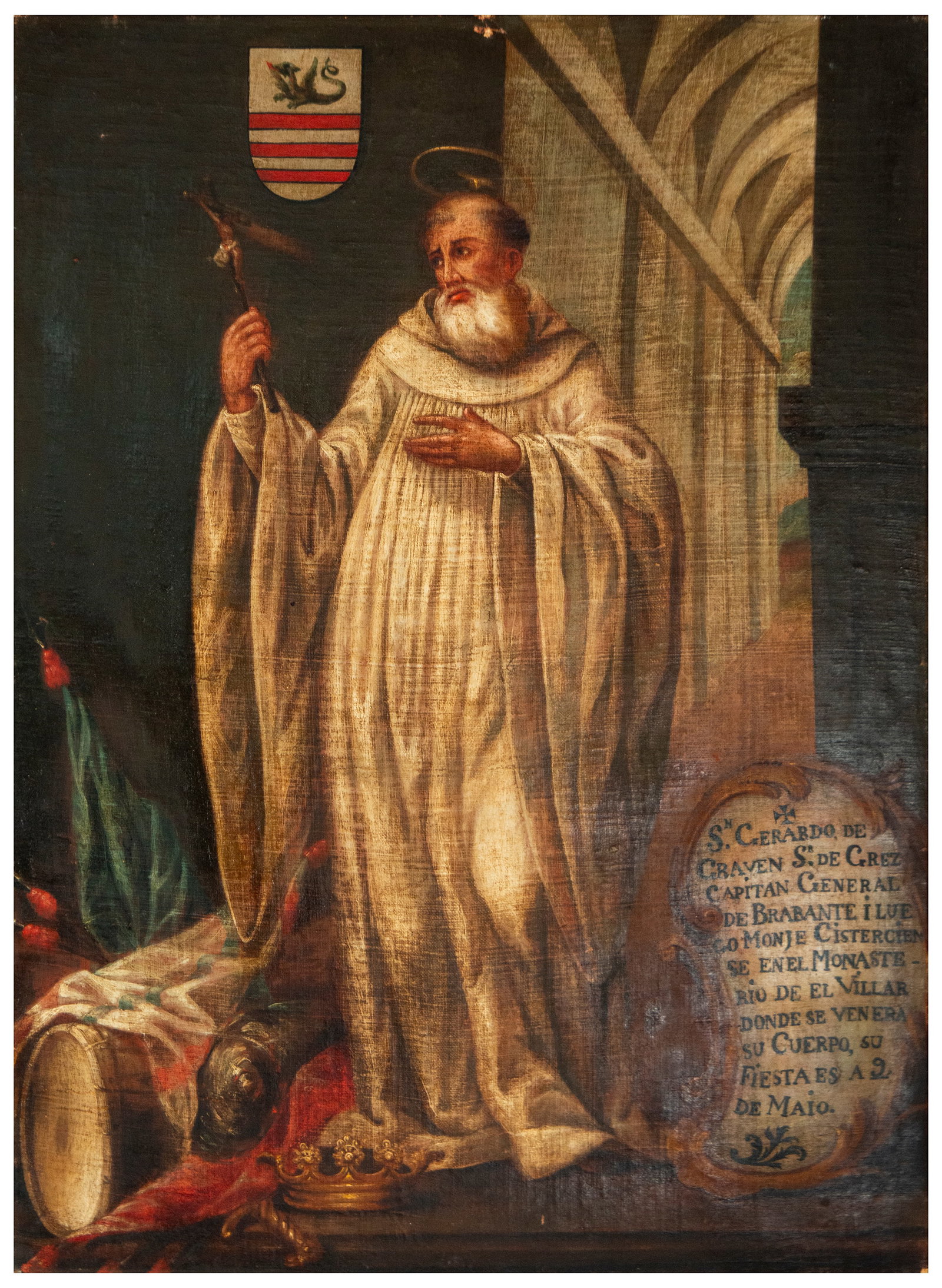 Saint Gerard of Craven – Follower of Zurbarán – 17th century: Oil on canvas. Dimensions: 94 × 69 cm. Full-length depiction of Saint Gerard, dressed in a white monastic habit and carrying a staff, against an architectural background. In the upper left is a heral