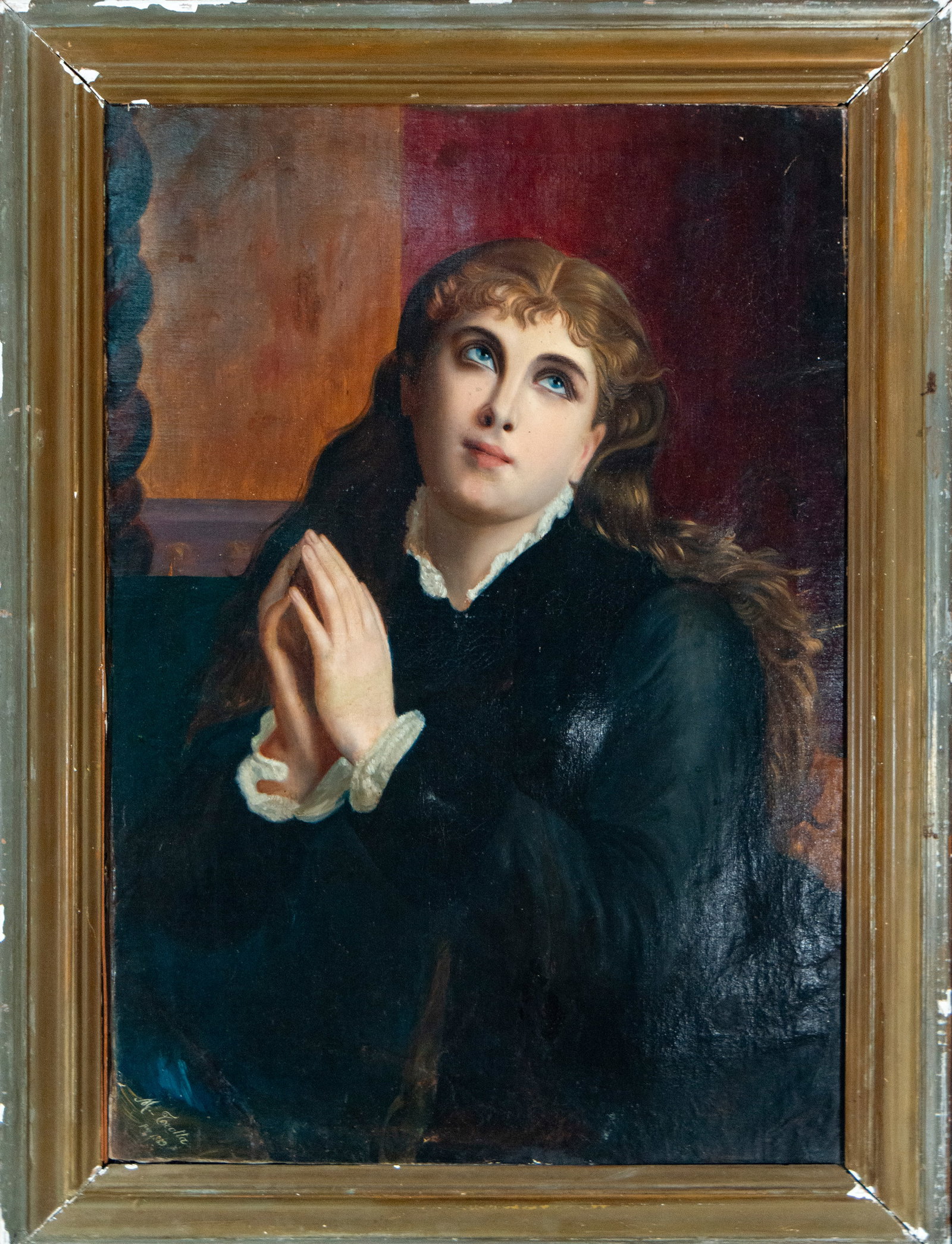 Young man in prayer, Italian school - Trotta 1889 – European School – 19th century: Oil on canvas. Dimensions: 78 × 53 cm; with frame: 92 × 67 cm.