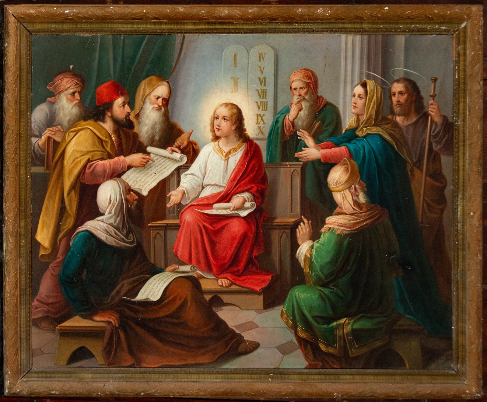 Jesus among the doctors, signed – European School – 19th century: Oil on copper. Dimensions: 86 × 108 cm; with frame: 100 × 120 cm. Scene from the Gospel episode of Jesus among the doctors in the Temple. The Christ Child occupies the center of the composition, sea