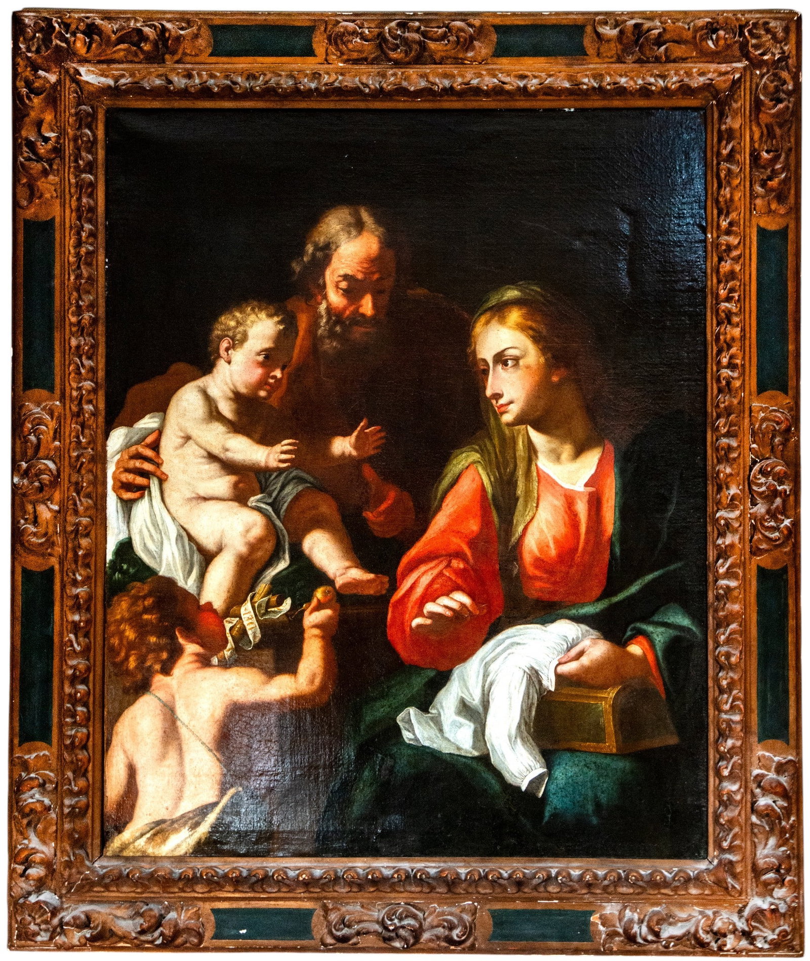 ITALIAN NEAPOLITAN OR ROMAN MASTER OF THE 17TH CENTURY - HOLY FAMILY: Oil on canvas. Dimensions of the work: 127 × 102 cm; with frame: 157 × 133 cm. Scene of the Holy Family with the Virgin Mary, Saint Joseph, the Christ Child, and Saint John the Baptist. The composit