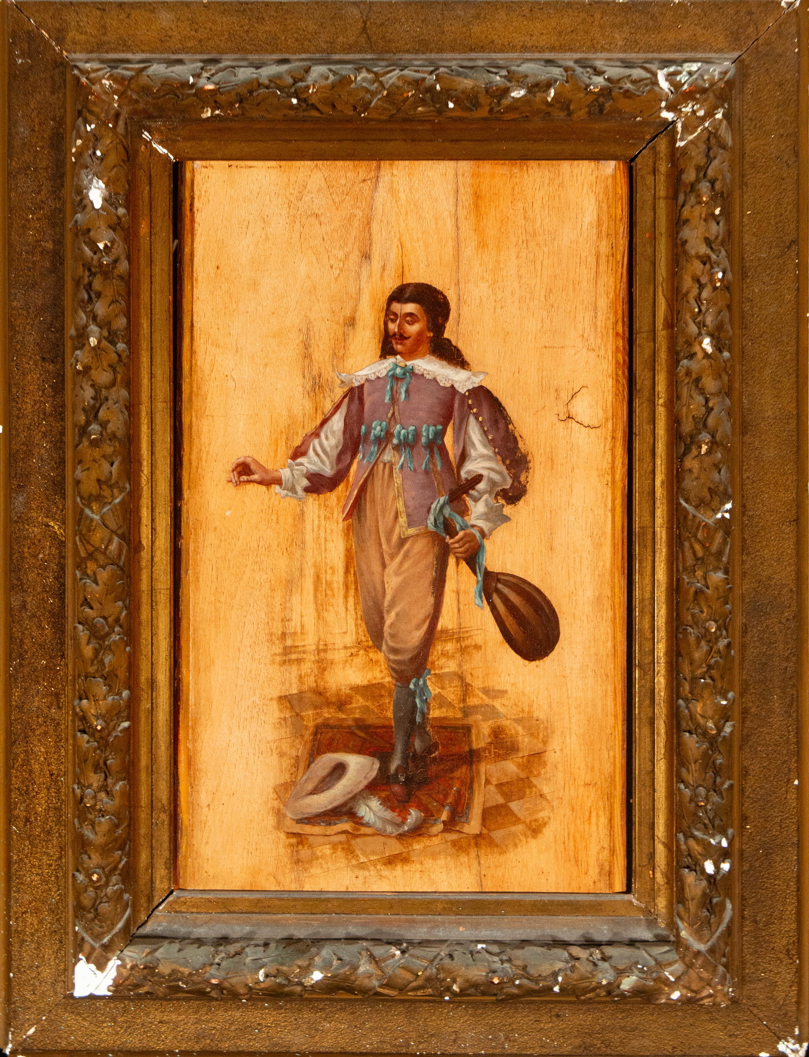 The Troubadour – European Romantic School – 19th Century: Oil on panel. Dimensions of the work: 52 × 31 cm; with frame: 74 × 54 cm.