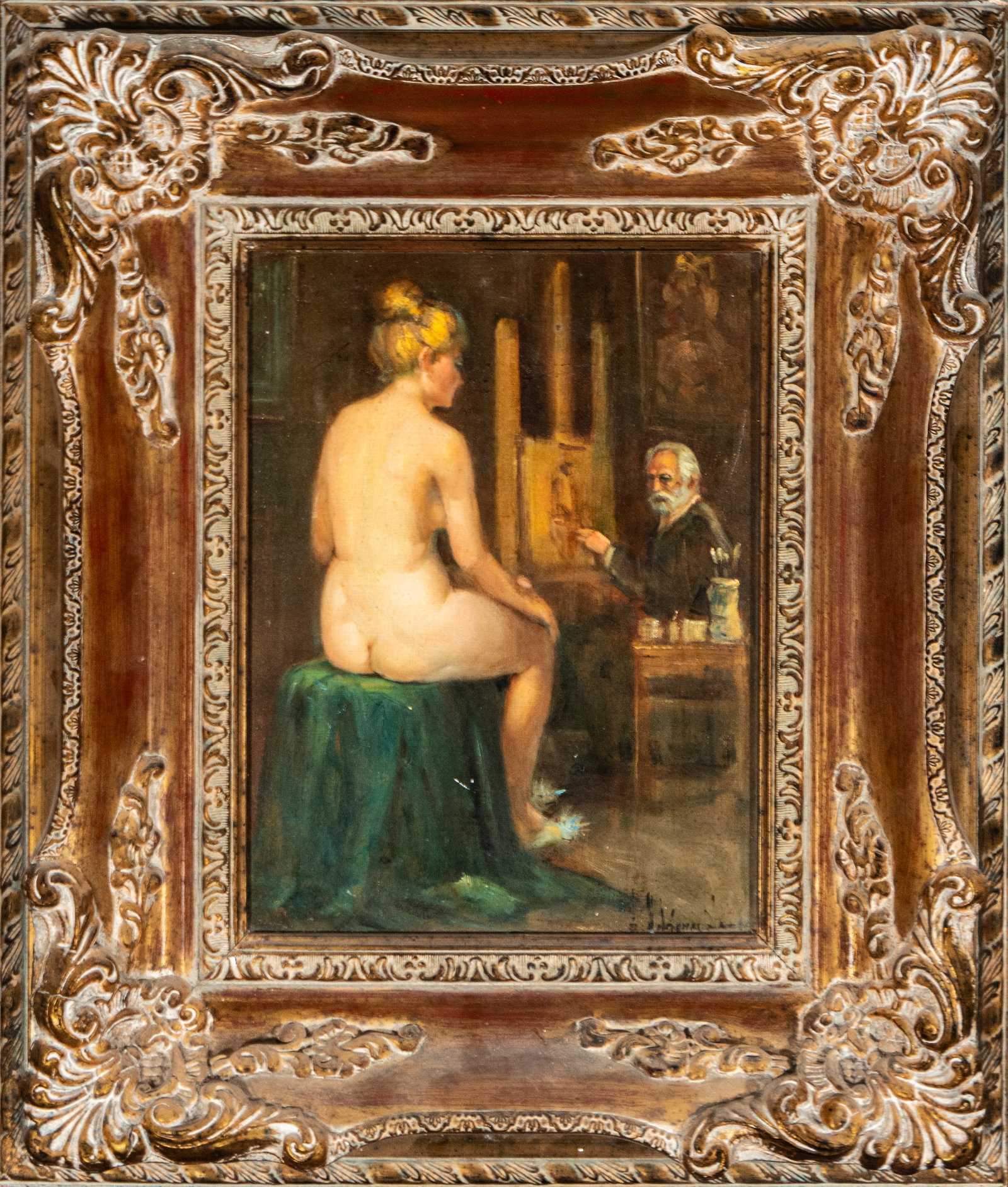 European Impressionist Master, 19th Century, signature to be identified, signed, 19th century: Oil on panel. Dimensions of the work: 36 × 26 cm; with frame: 61 × 51 cm. Interior scene of a studio with a nude female model, seated with her back to the viewer on a green cloth, facing a bearded p