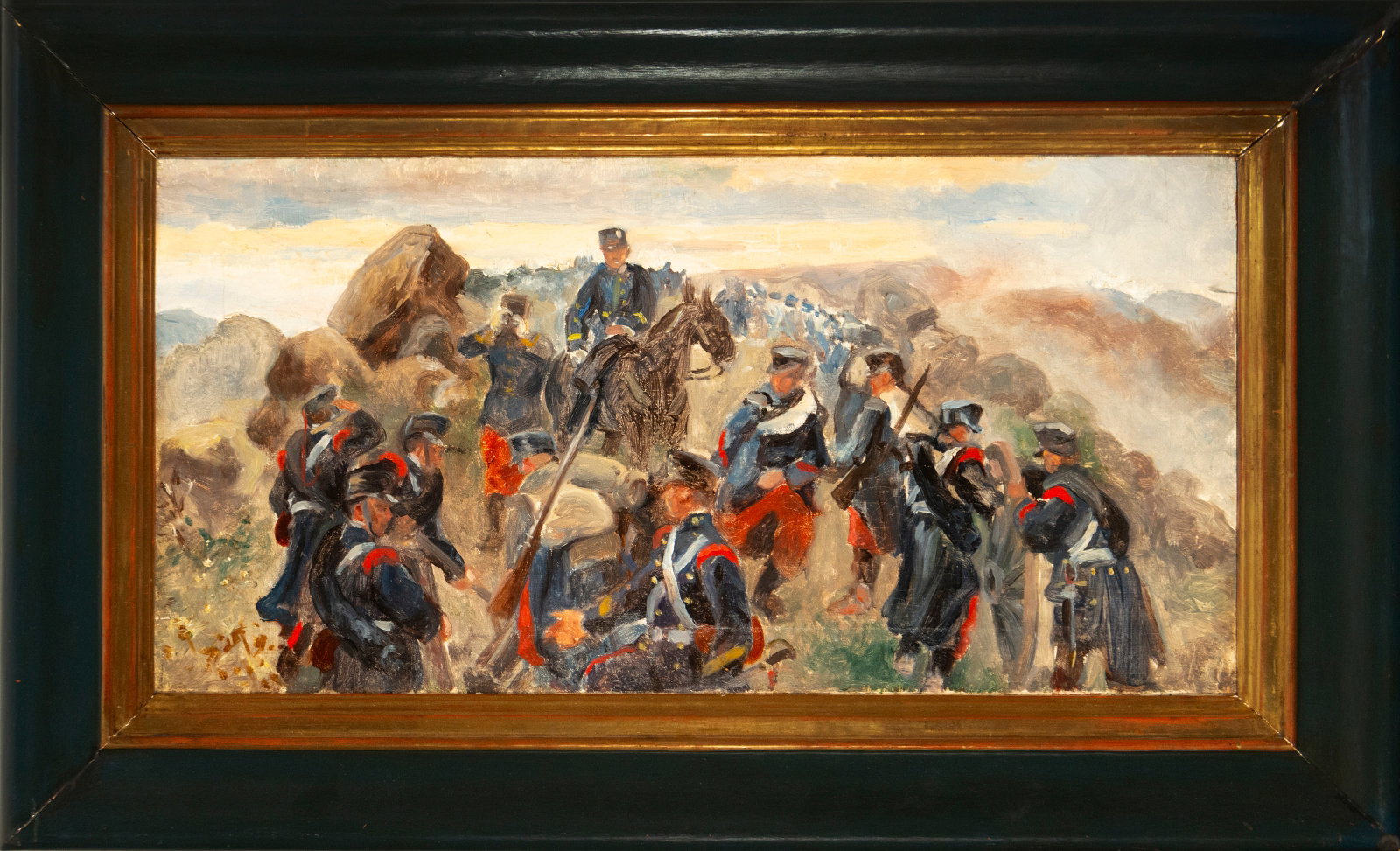 Military scene – European school – late 19th/early 20th century: Oil on canvas. Campaign scene with a large group of uniformed soldiers gathered on rocky terrain, led by a mounted officer. Executed with broad, spontaneous brushstrokes, predominantly blues, grays, o