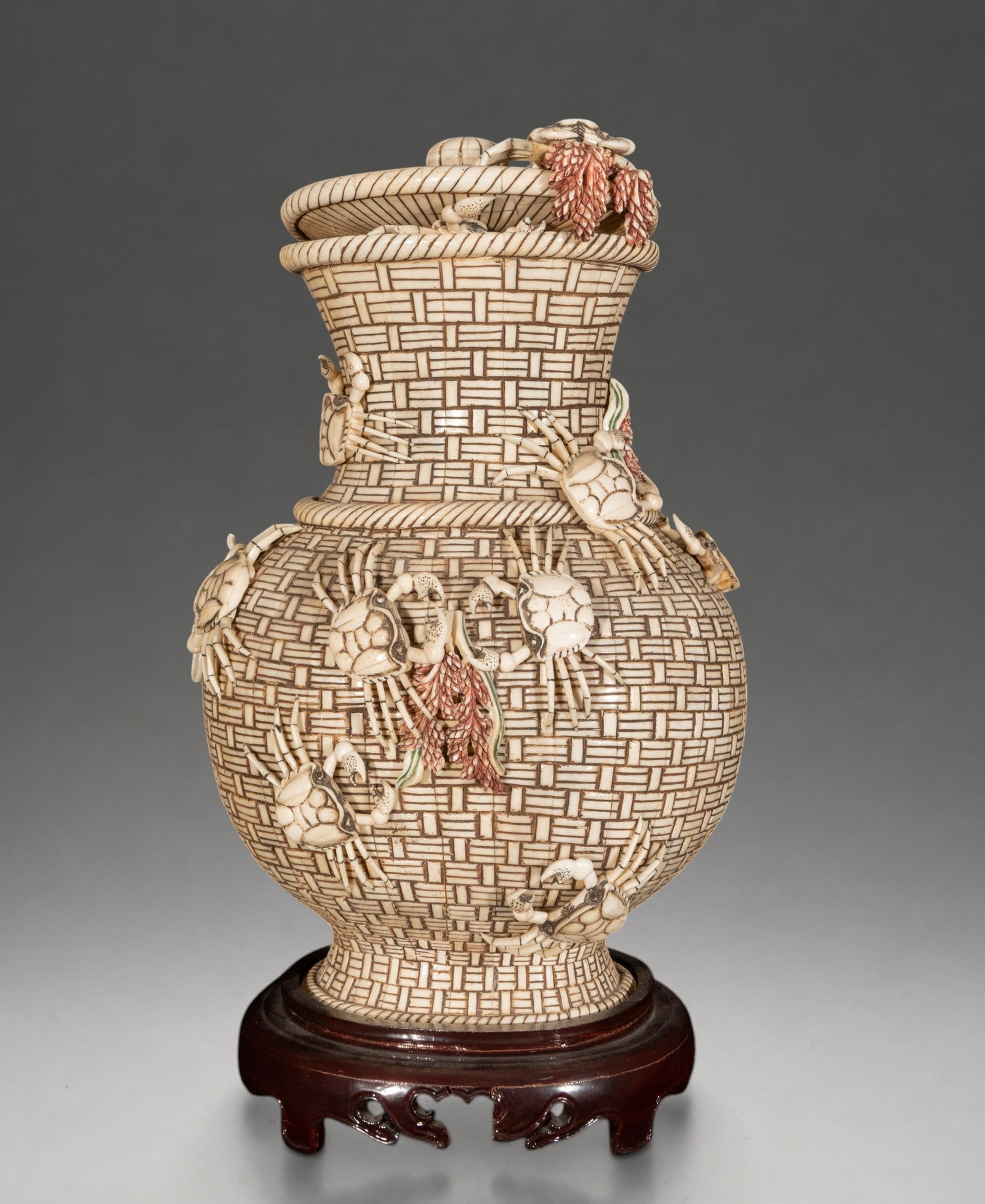 Large Chinese bone vase decorated with crabs and ears of wheat – China – 19th century (1 of 5)