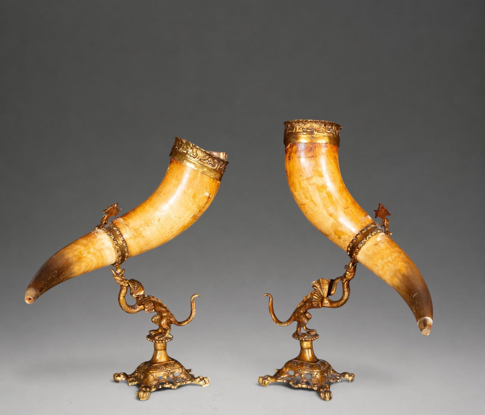 Pair of drinking horns with bronze mounts – Germany – 19th century (1 of 4)