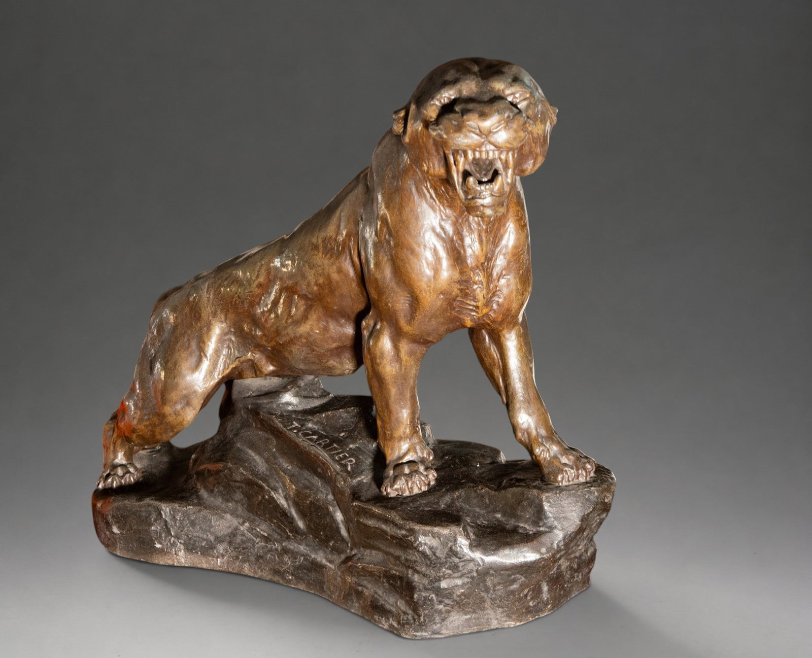 Large Art Deco Bronze Panther - T. Cartier, Signed - 20th Century France: Patinated bronze sculpture depicting a panther in a threatening pose, standing on all fours with its jaws open. Naturalistic modeling of the musculature and fur, with a composition of marked tension a