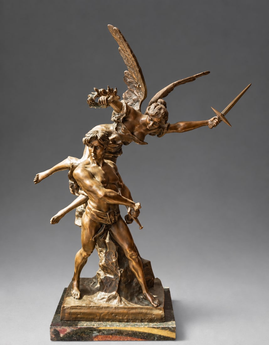 Winged Victory - Important and Large French Bronze Sculpture Group - Signed Lemoyne, 19th-20th: Allegorical bronze sculpture group with patina. Dimensions: 113 × 33 cm.