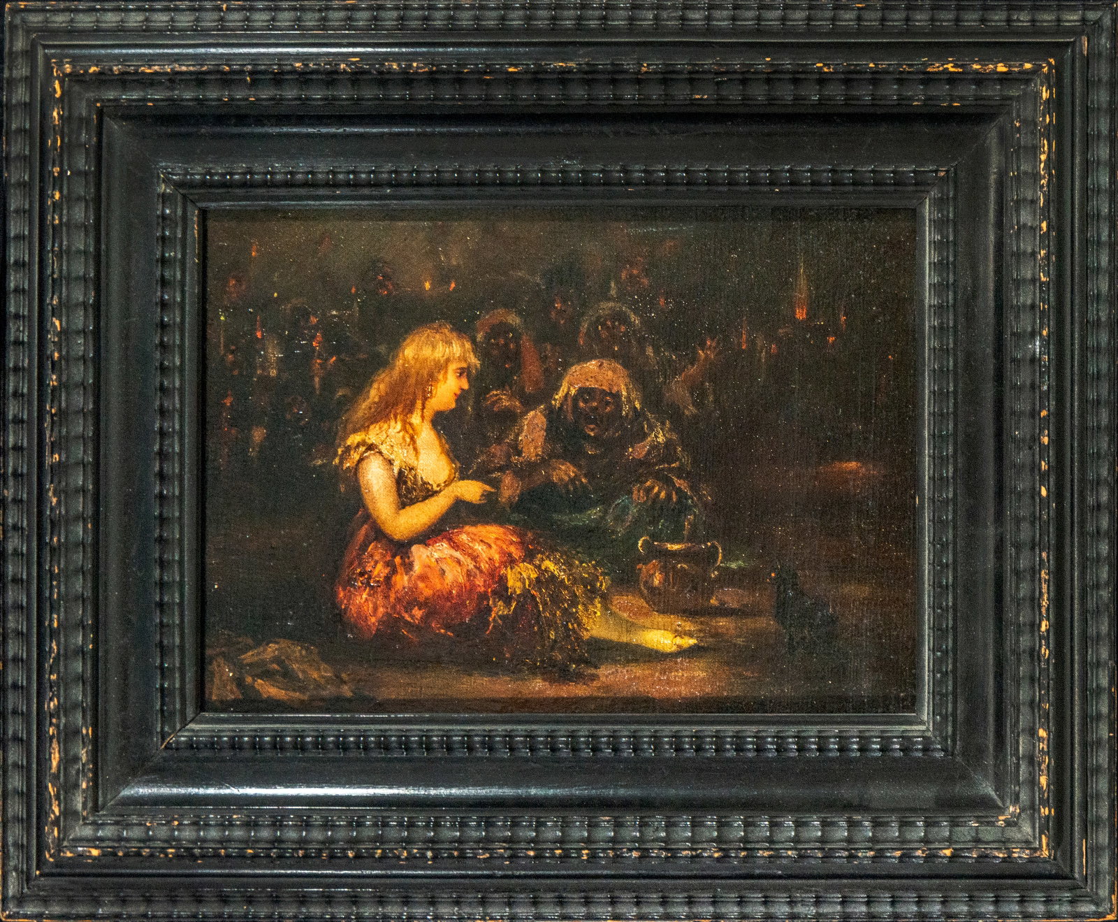 "The Spell" - Eugenio Lucas Villaamil (Madrid, 1858-1918) signed and certified, Spanish School –: Accompanied by the expertise of José Manuel Arnáiz. Oil on canvas depicting a popular and fantastical interior scene, with a seated young woman and several shadowy figures surrounding her, within a 