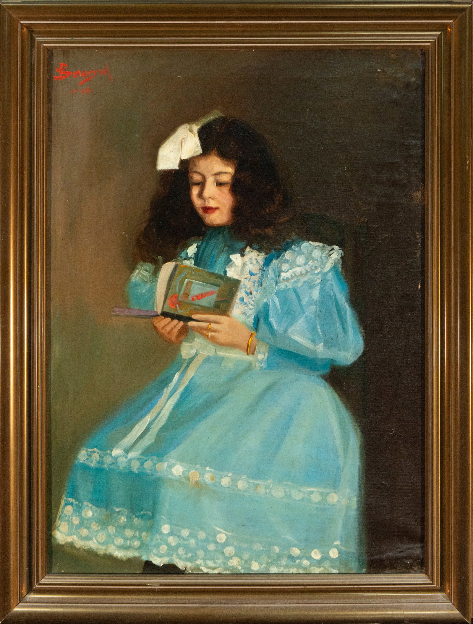 Portrait of a girl in a blue dress, signed and dated 1900 – Spanish School – 1900: Oil on canvas. Portrait of a seated girl, dressed in light blue with white lace and a large bow in her hair, holding a book. Neutral background and luminous treatment of the flesh tones and dress. Sig