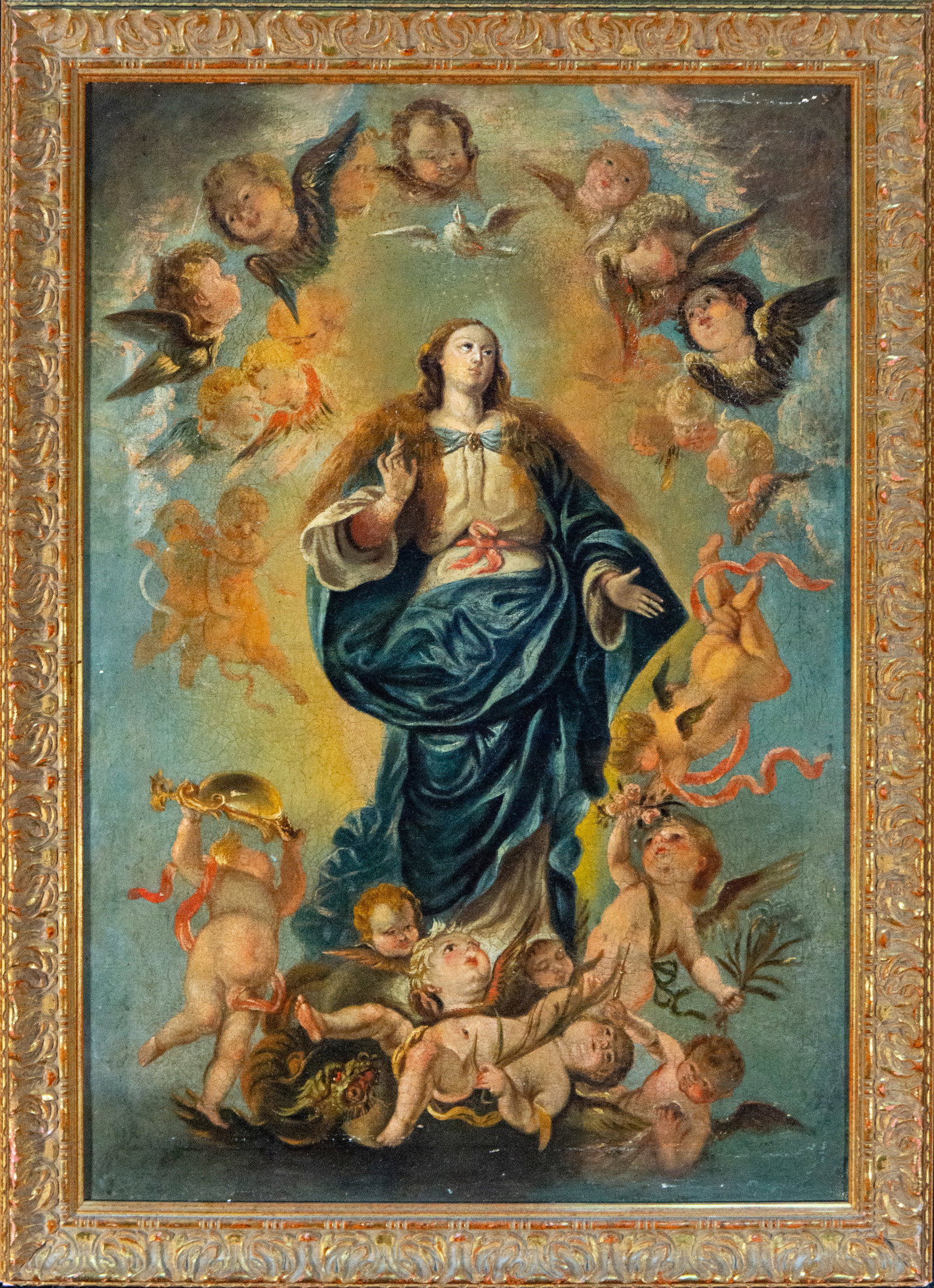 Immaculate Conception surrounded by angels – Spanish School – 18th century: Oil on canvas. Depiction of the Immaculate Conception elevated in glory, dressed in a light tunic and a wide blue mantle, surrounded by numerous angels and cherubs among clouds. Several angelic figure
