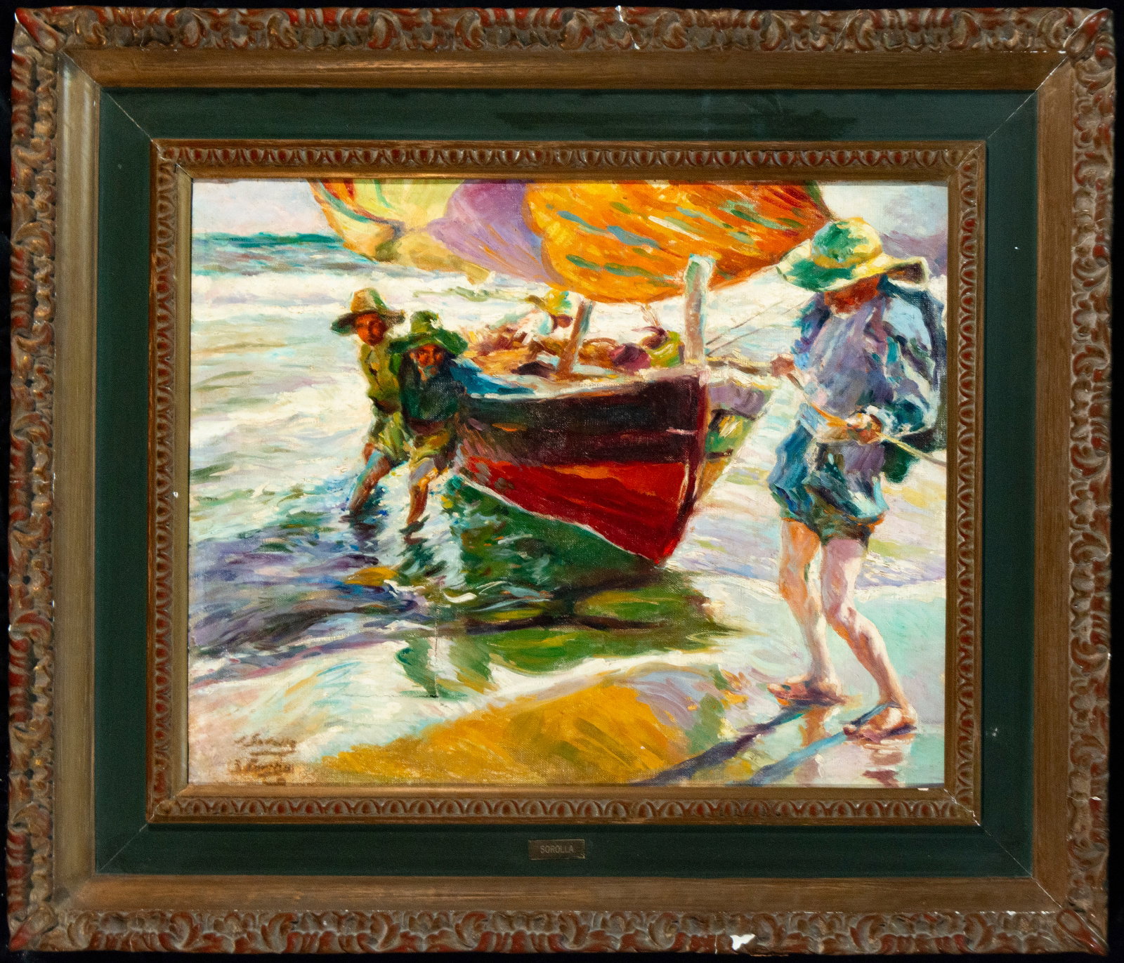 Beach scene with boat and fishermen, signed – following models of Joaquín Sorolla, Spanish School: Oil on canvas. Beach scene with a beached boat in the foreground and several figures of fishermen working alongside it. The composition is achieved with loose, impasto brushstrokes and a rich palette,