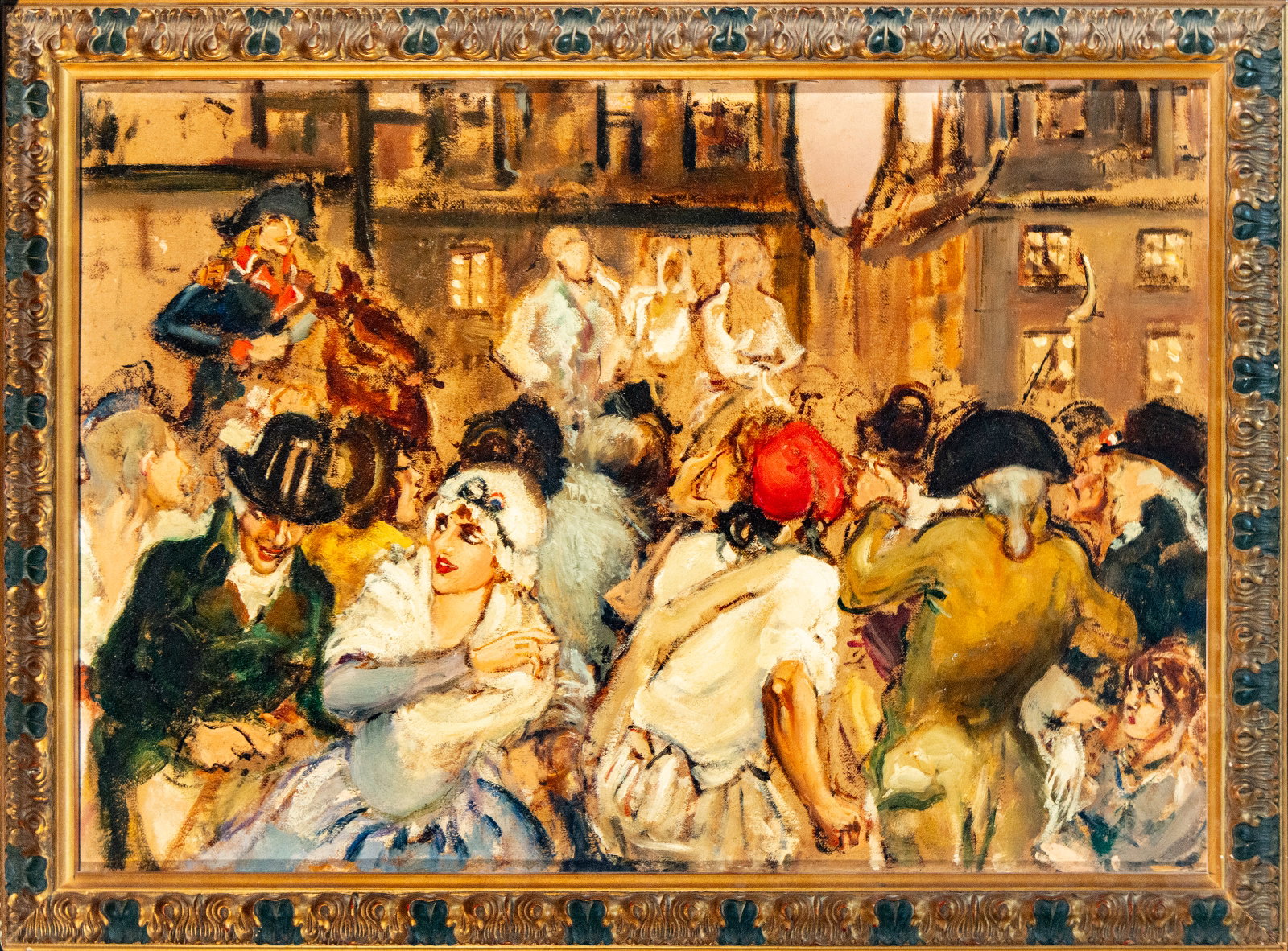 Scene of a popular festival – Spanish School – 20th century: Oil on canvas. A crowded scene with a festive atmosphere, featuring numerous figures gathered in an urban space, some dressed in traditional clothing. The composition is executed loosely and expressiv