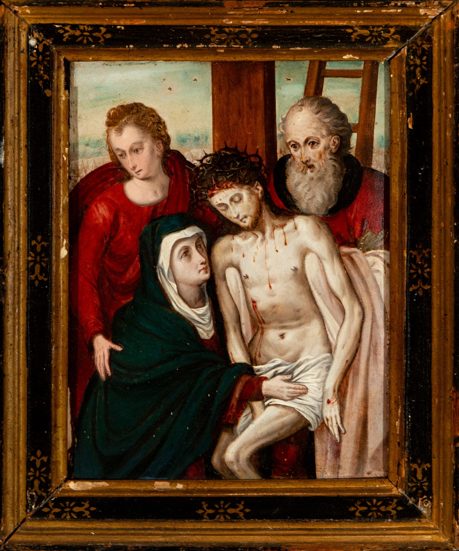 Lamentation over the Dead Christ with the Virgin and Saints – Spanish School – late 16th/early: Oil on panel. A private devotional painting depicting the Lamentation over the Dead Christ. The composition shows Christ crowned with thorns, supported by the Virgin Mary, accompanied by three sacred 