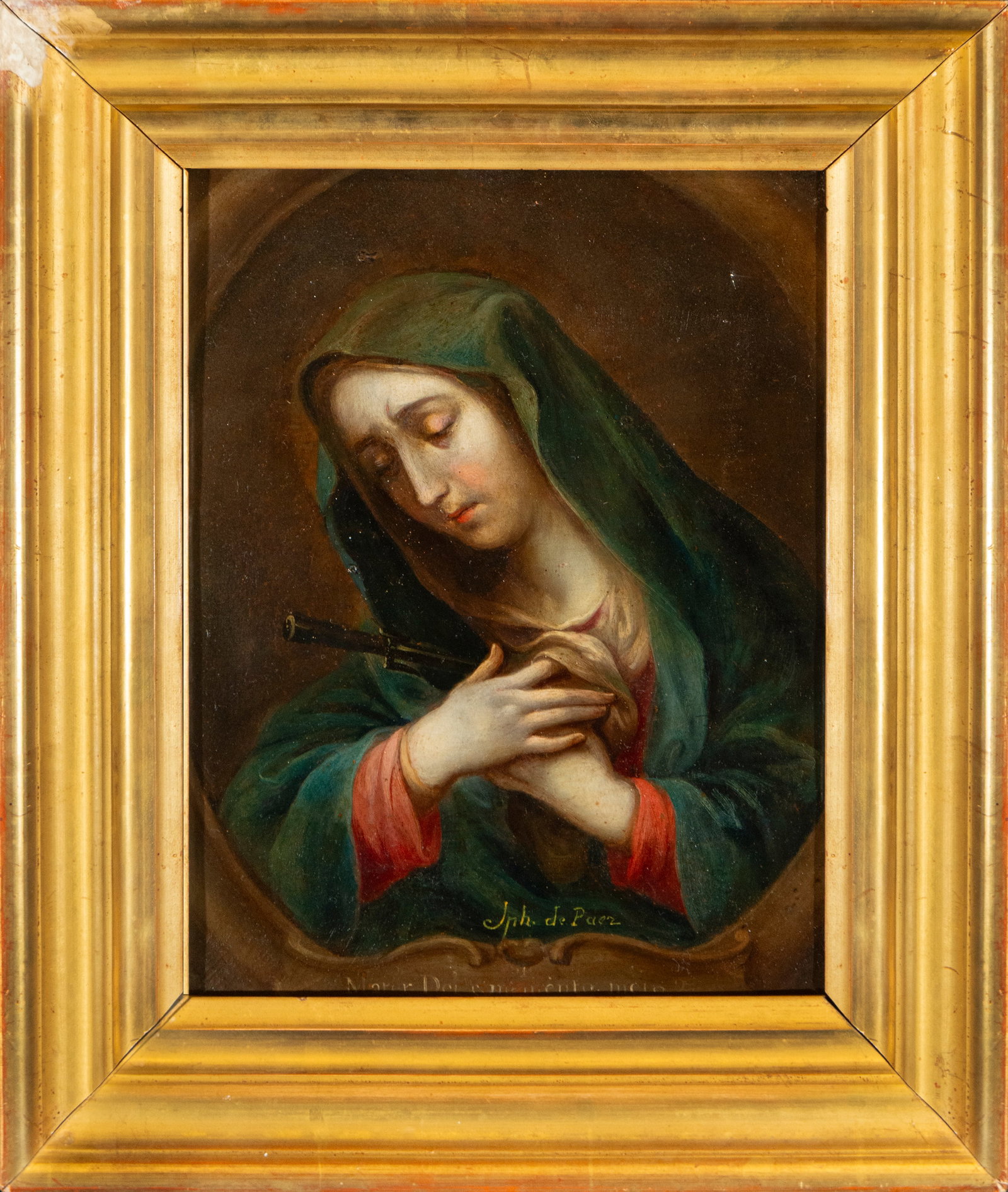 Mexican Virgin of Sorrows - Signed, 18th Century Colonial School: Oil on copper. Devotional representation of Our Lady of Sorrows, half-length, with her hands crossed over her chest and a sword symbolically piercing her heart. She wears a dark green mantle over a re
