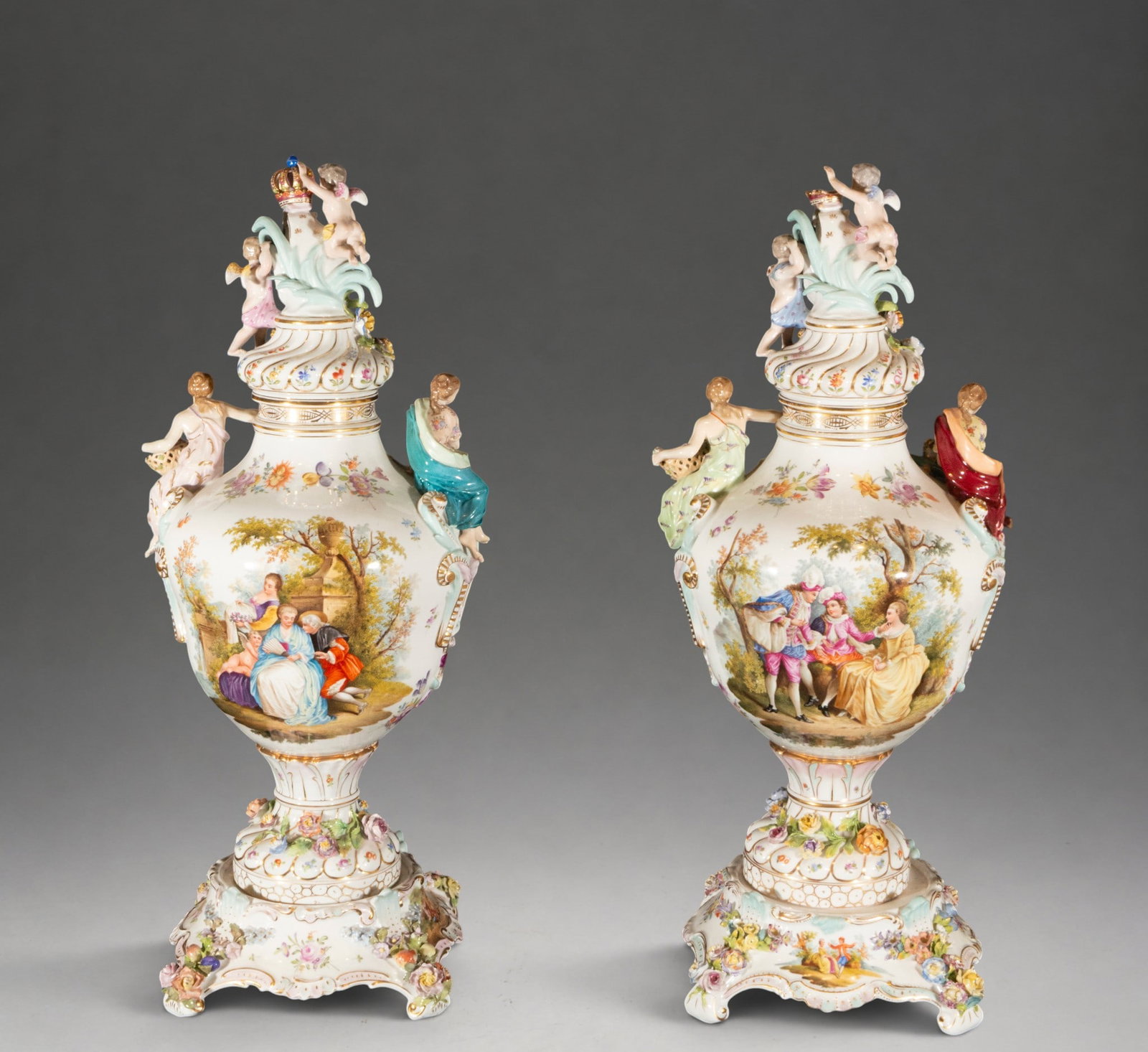 Magnificent and Large Pair of German Dresden Porcelain Vases from the 19th Century (1 of 3)
