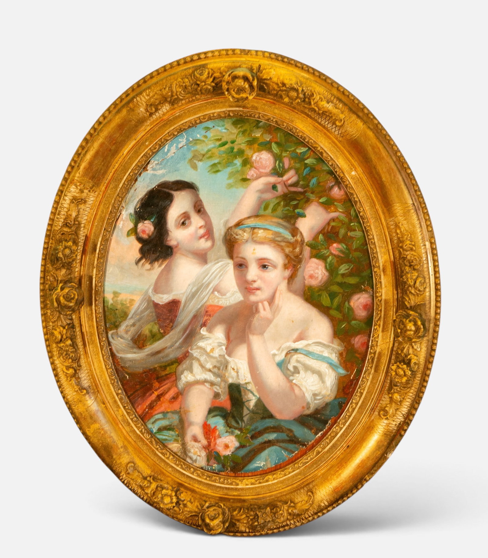 Two young people by a rosebush – French School – 19th century: Oil on oval panel. Romantic scene depicting two young women beside a flowering rosebush. One is seated in the foreground, her head resting on her hand, while the other stands behind her, her arms rais