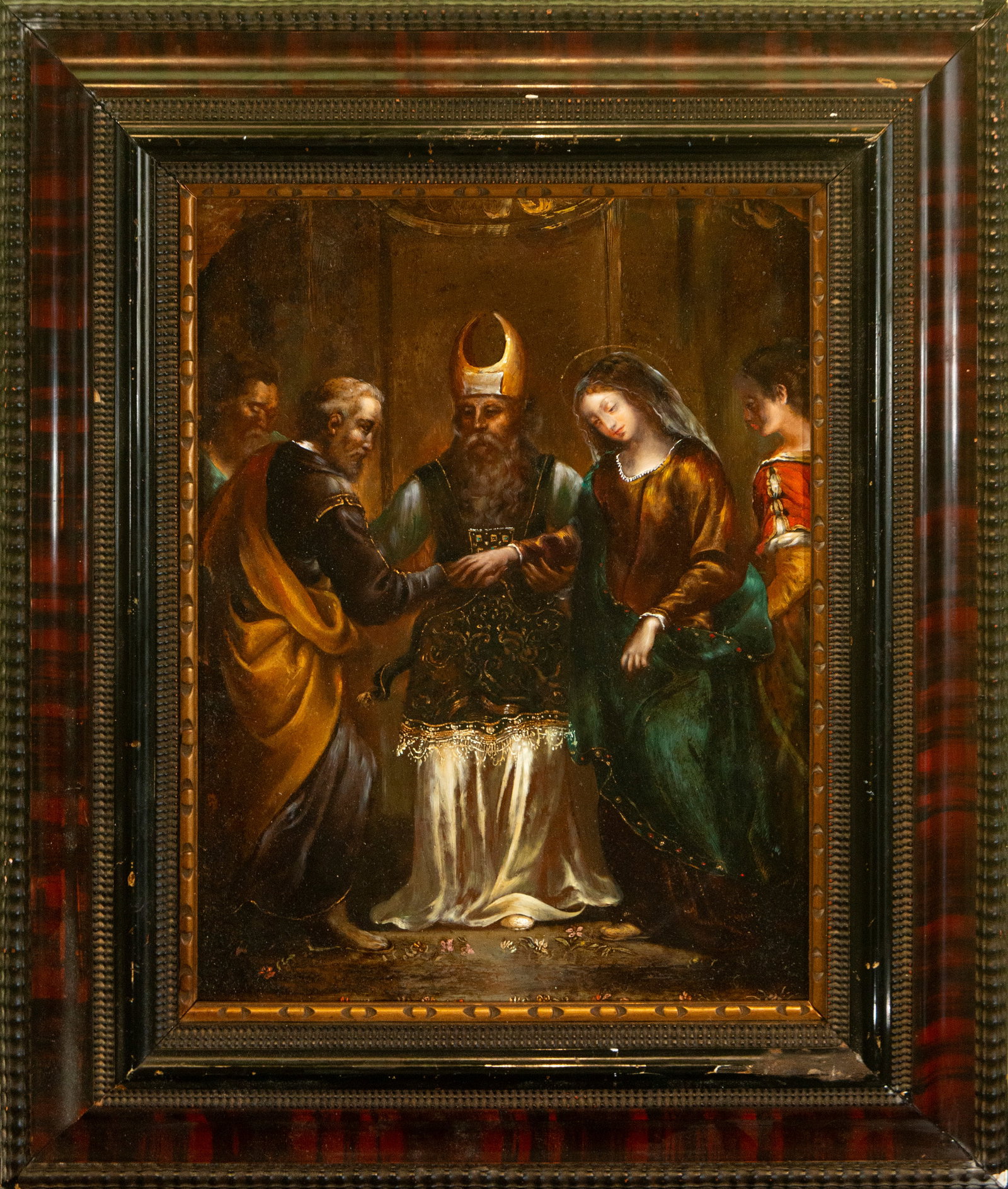 Marriage of the Virgin – Lombard Italian School of the 17th Century: Oil on copper. Religious scene depicting the Marriage of the Virgin, with the priest in the center of the composition and Saint Joseph holding Mary's hand during the ceremony, accompanied by several w
