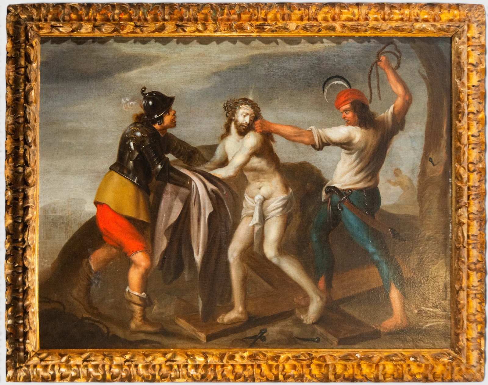 THE FLAGELLATION OF CHRIST - Italian Roman Baroque School of the 18th Century: Oil on canvas. Measurement: 110 × 84 cm; with frame: 128 × 102 cm.