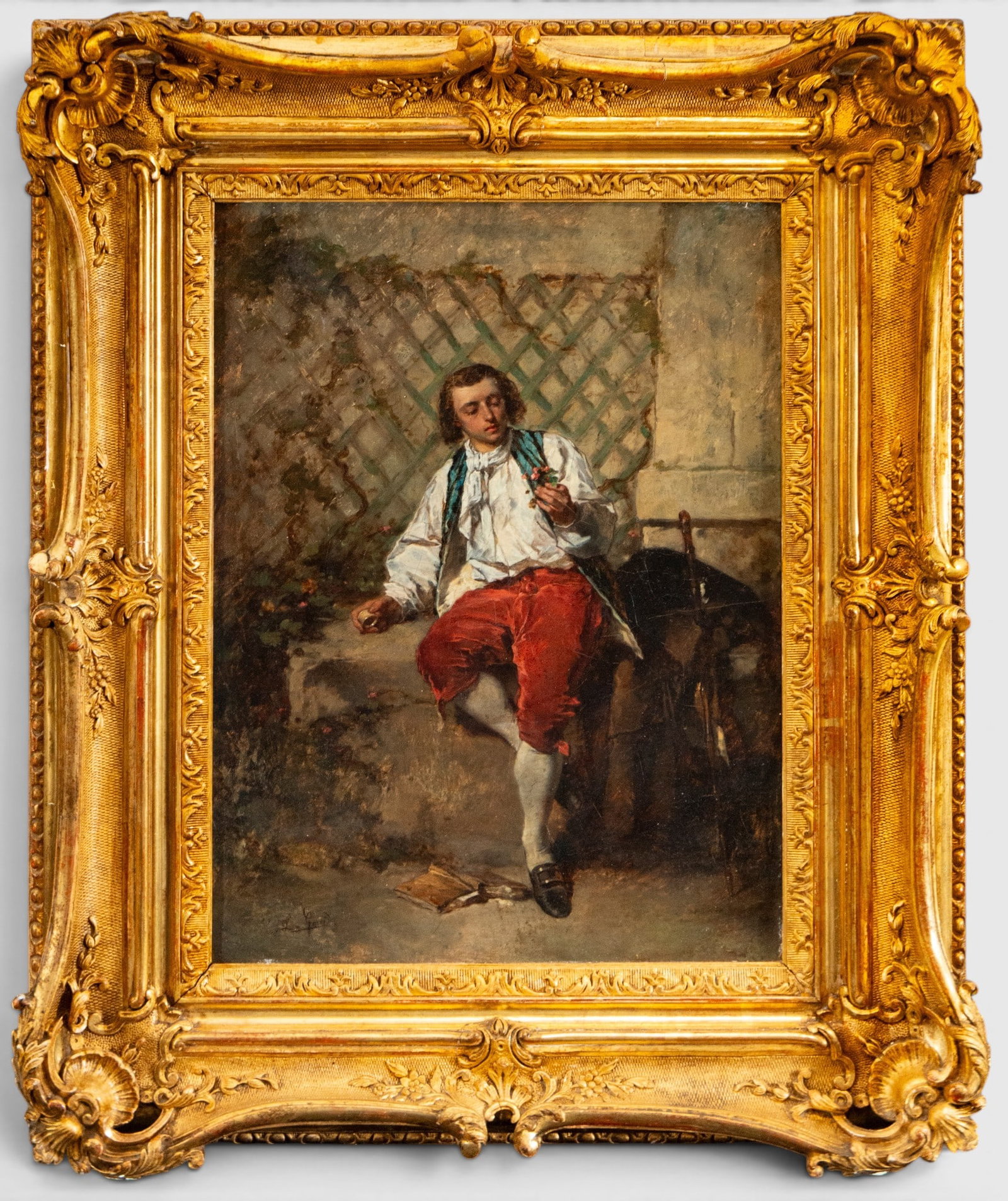 Featured Lot - "The Poet", EDUARDO LEÓN GARRIDO (Madrid, 1856-Caen, 1949): Oil on canvas. Dimensions: 35 × 25 cm; with frame: 49 × 38 cm. Provenance: important private Spanish collection, Madrid. He studied art at the Higher School of Painting in Madrid and as a pupil in t