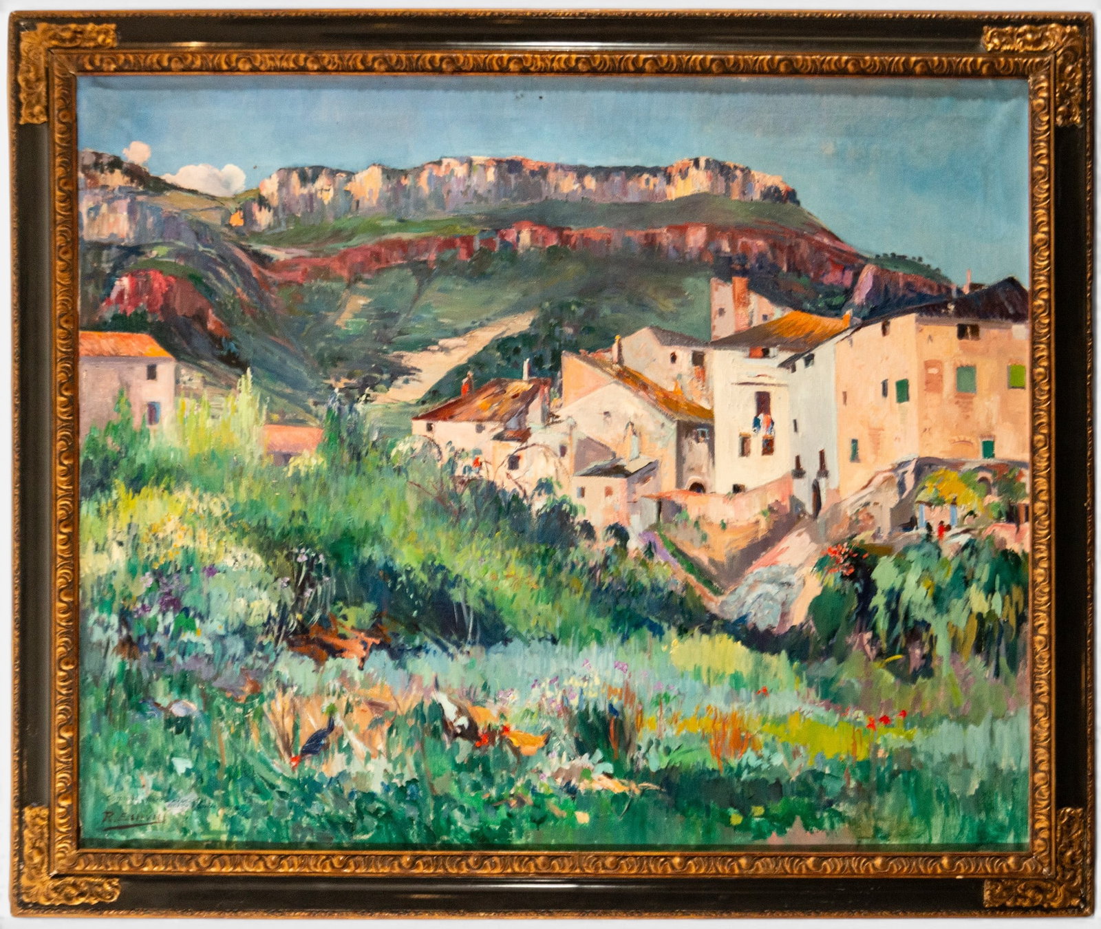 Landscape with hamlet and mountain, signed “R. Esteve?? – Spanish School – first half of the: Oil on canvas. Dimensions listed: 131 × 94 cm; with frame: 126 × 105 cm.