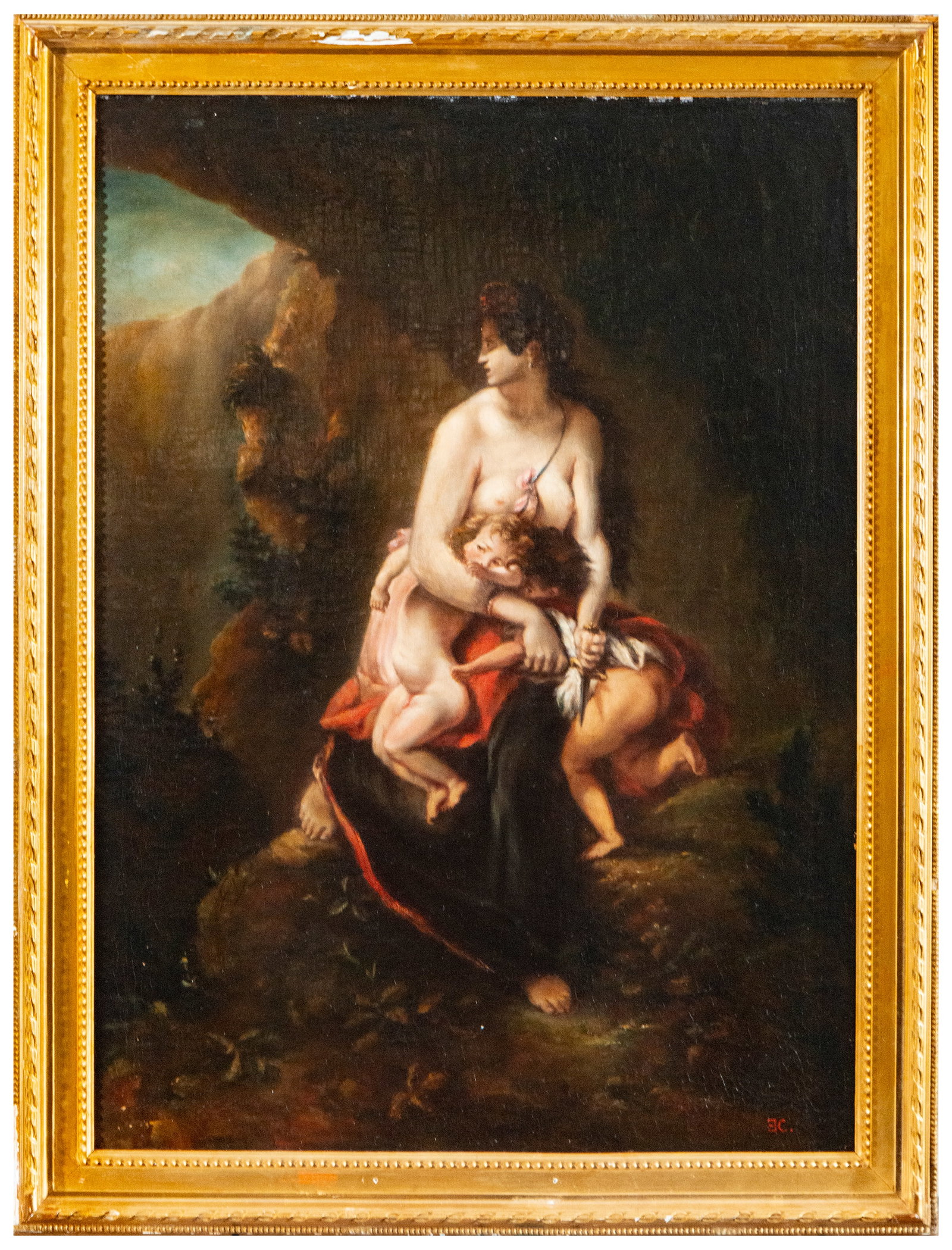 Medea with her Children, 19th century, signed with the initials EC or ED - French School of Eugene: Oil on canvas. Maternity scene set in a wooded landscape, with Medea the mother seated, holding and protecting two children. The composition focuses the figures in the center, highlighted by luminous 