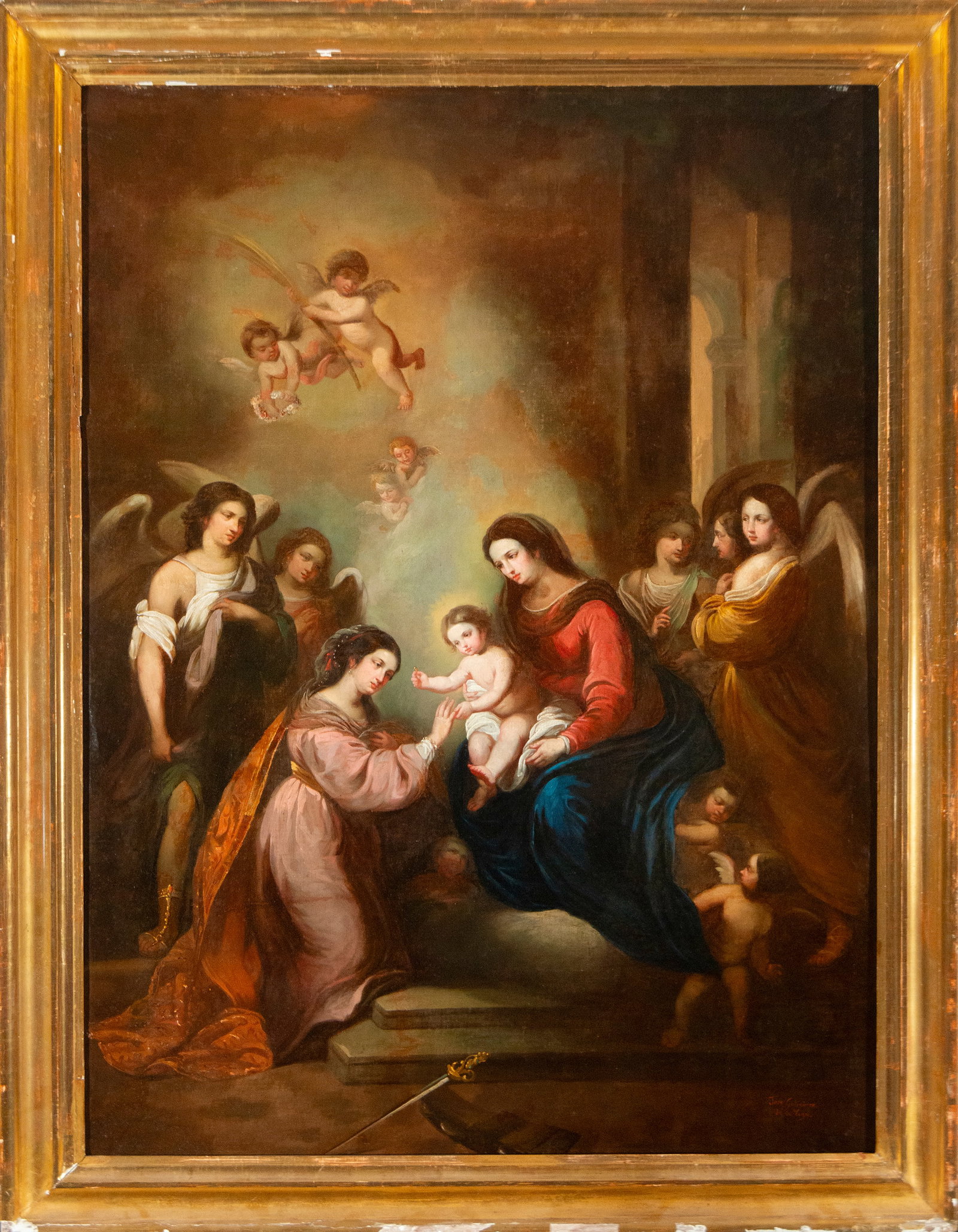 Virgin with Child and Saint Catherine of Alexandria, José Gutierrez de la Vega (1791 - 1865) –: Oil on canvas, a religious composition featuring the Virgin and Child, accompanied by a kneeling female figure iconographically identifiable as Saint Catherine of Alexandria, as well as angels and che
