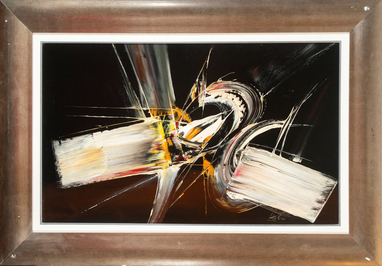 Abstract composition, signed “Viola??, possibly Manuel Viola, oil on canvas: Oil on canvas, an abstract composition, rendered on a black background with broad, gestural brushstrokes, curved forms, and planes of color in whites, grays, ochres, yellows, and reds. Signed in the l