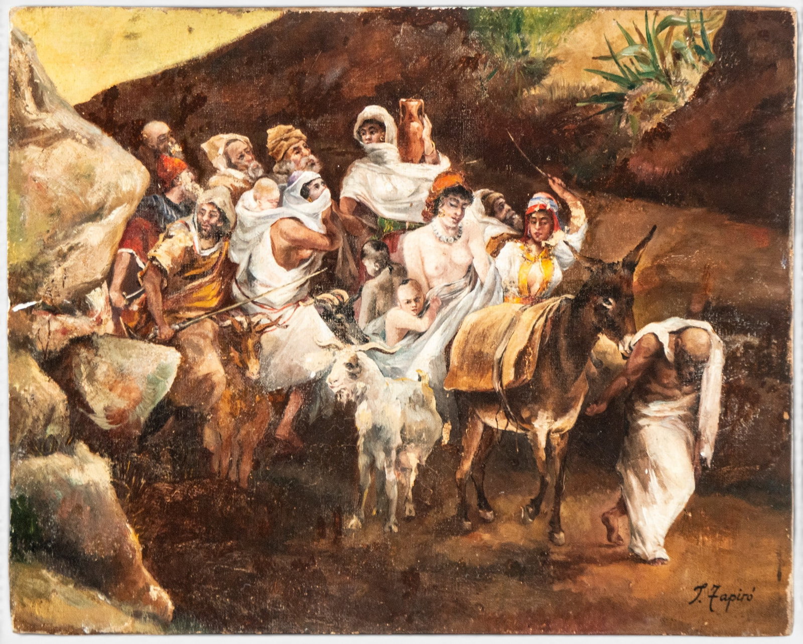 Orientalist scene - 19th-20th centuries - signed: Oil on canvas depicting an Orientalist scene with a group of figures gathered in a rocky landscape, accompanied by a donkey and a goat. The composition combines figures in light and colorful clothing,