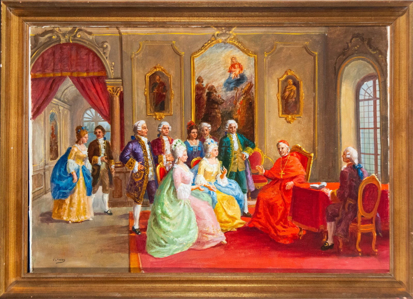 Salon scene with cardinal and figures, signed “V. de Paredes?? – Spanish School – 19th: Oil on canvas depicting an 18th-century interior scene, with a cardinal seated at a table surrounded by elegantly dressed ladies and gentlemen. The space features architectural decoration and framed r