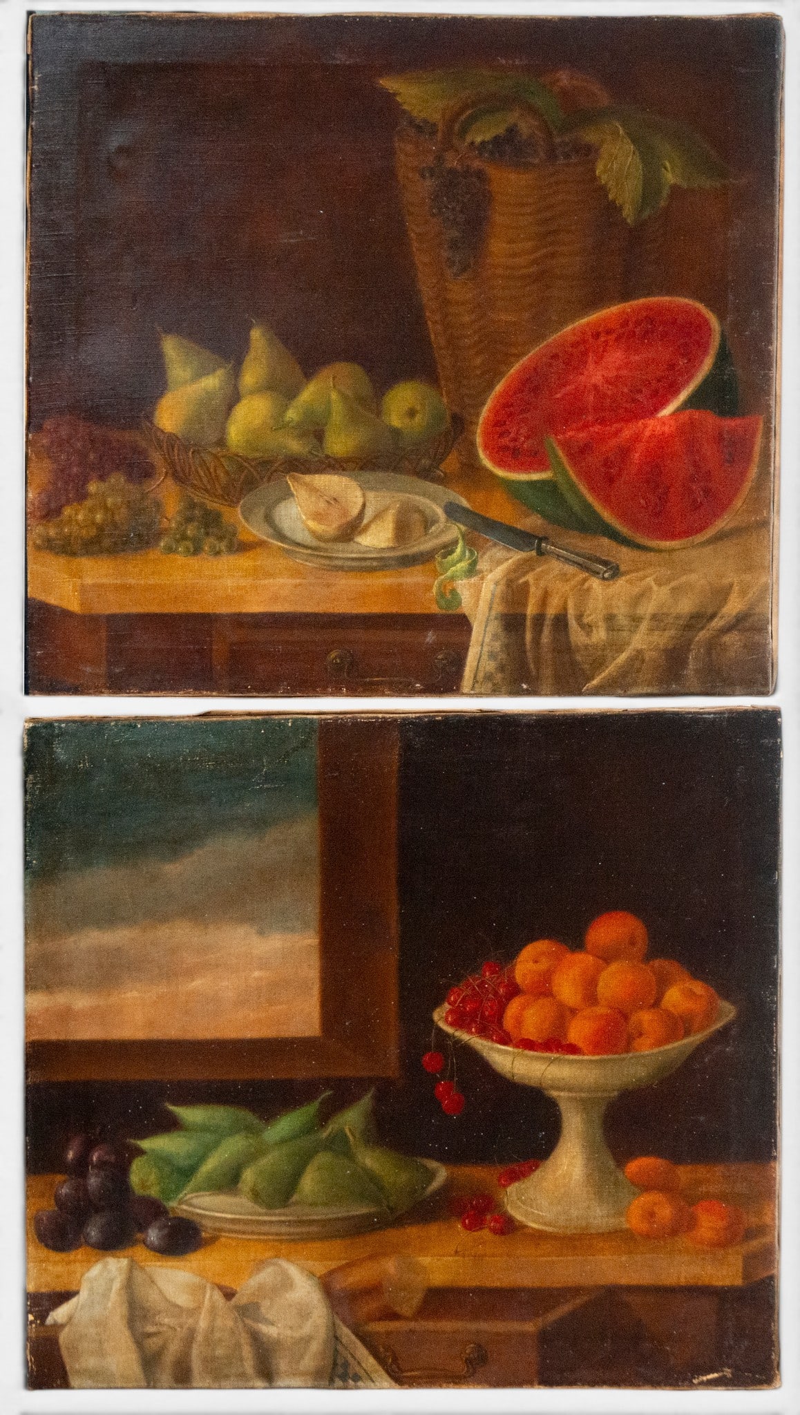 Pair of 19th-century Italian still lifes: A pair of oil paintings on canvas depicting fruit arrangements on tables. One still life includes a cut watermelon, pears, grapes, a wicker basket, and a knife; the second presents various fruits in p