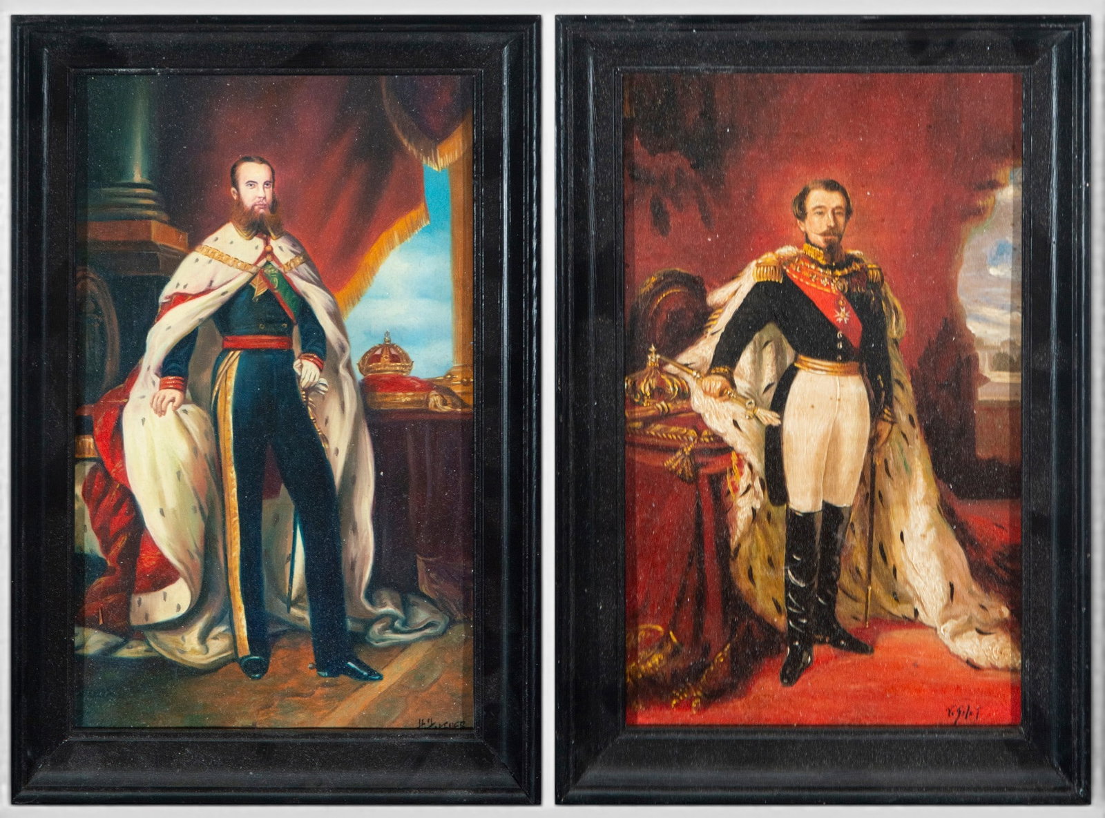Pair of portraits of Maximilian of Habsburg and Napoleon III, signed Gilet – late 19th century: Pair of oil paintings on copper depicting Maximilian of Habsburg and Napoleon III, respectively, in full-length official portraits, dressed in military uniform, decorations, and ceremonial robes, acco