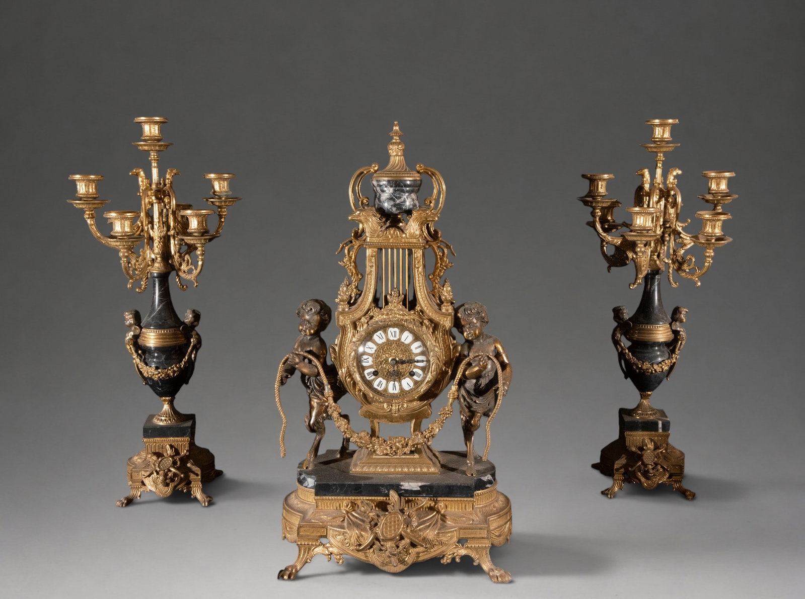 Set of large Napoleon III clock and pair of Ormolu candlesticks – French School – second half of (1 of 5)